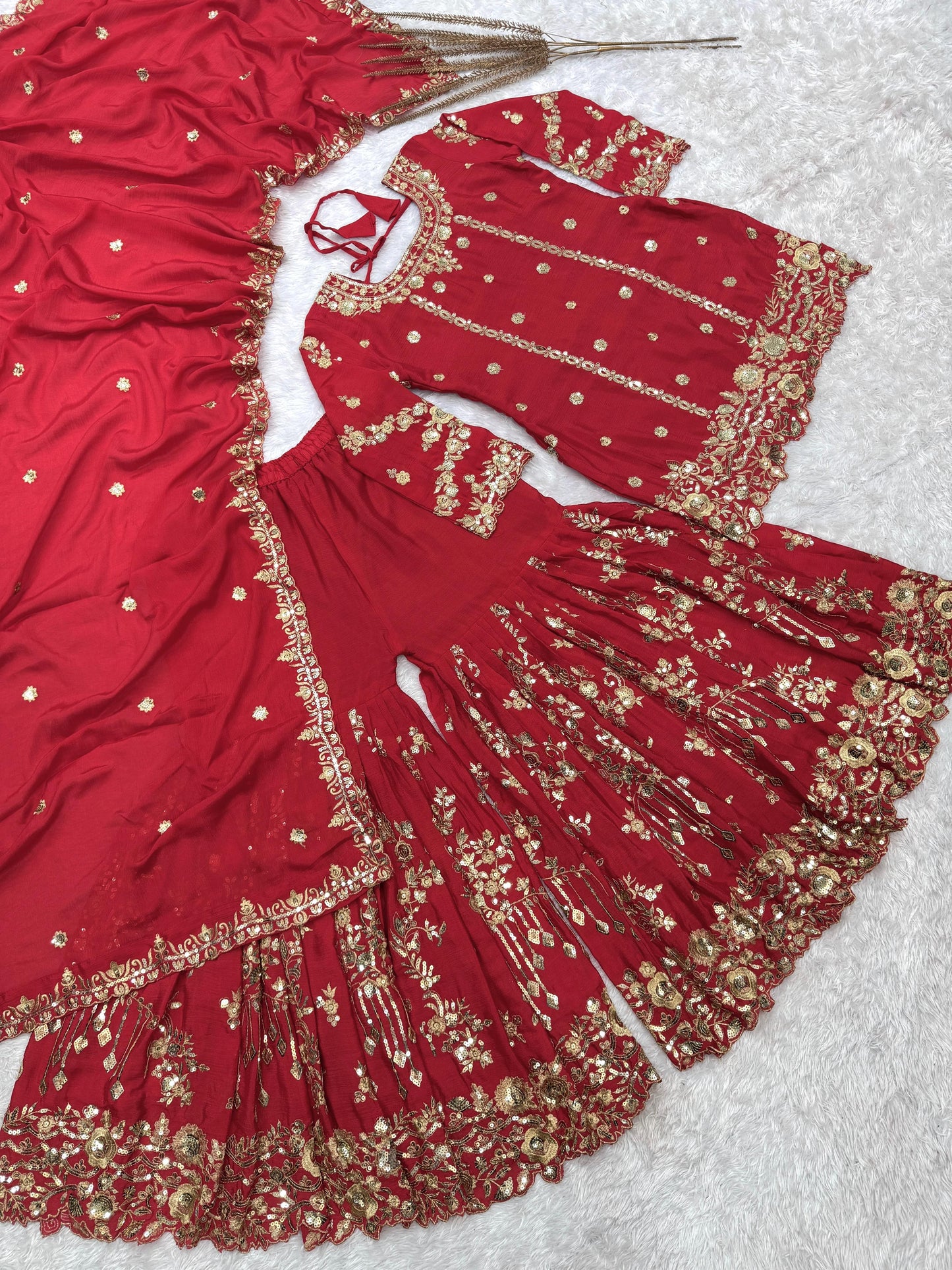 Premium Red Chinon Silk Embroidered Top-Sharara-Dupatta Set"