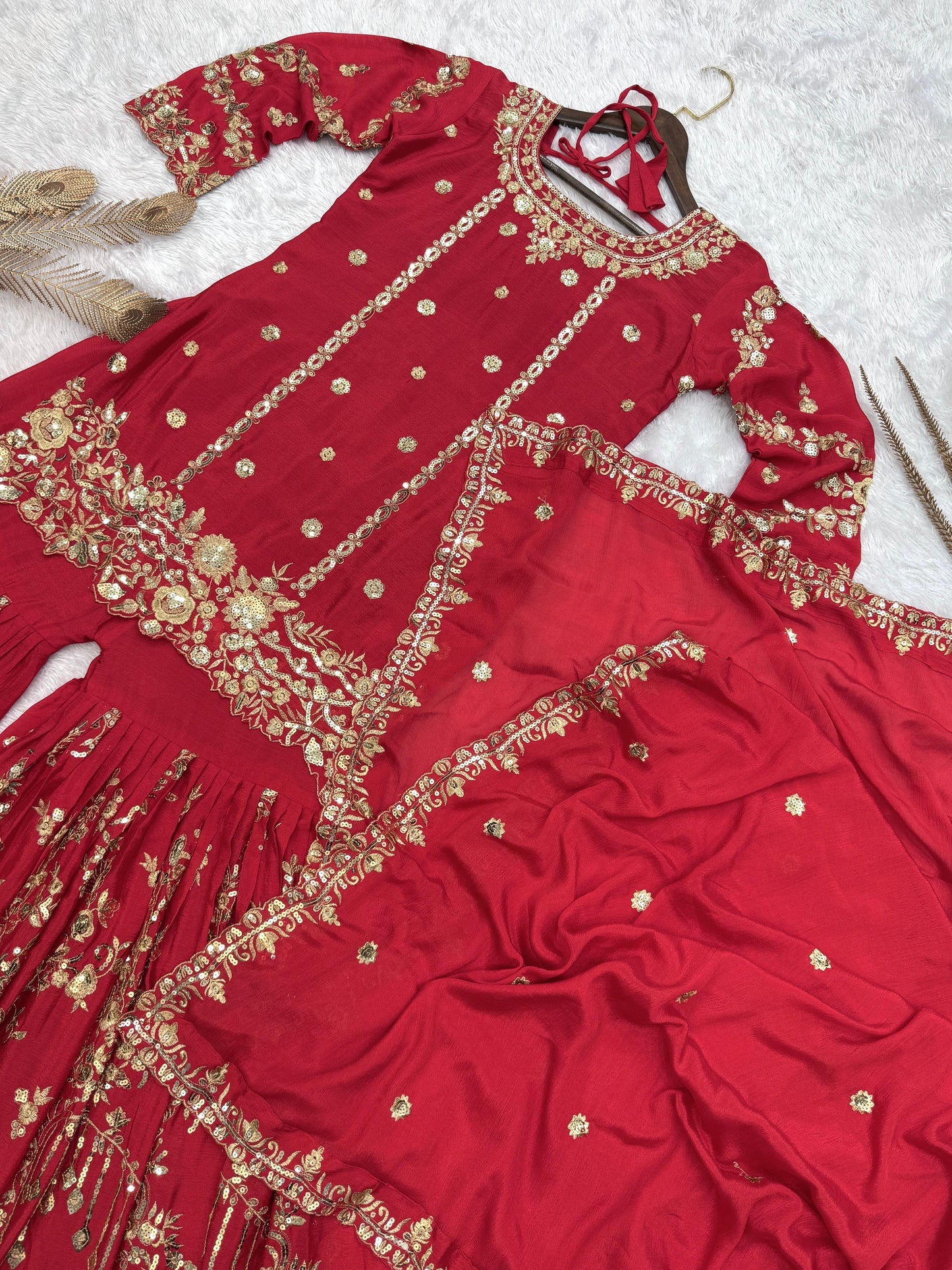 Premium Red Chinon Silk Embroidered Top-Sharara-Dupatta Set"