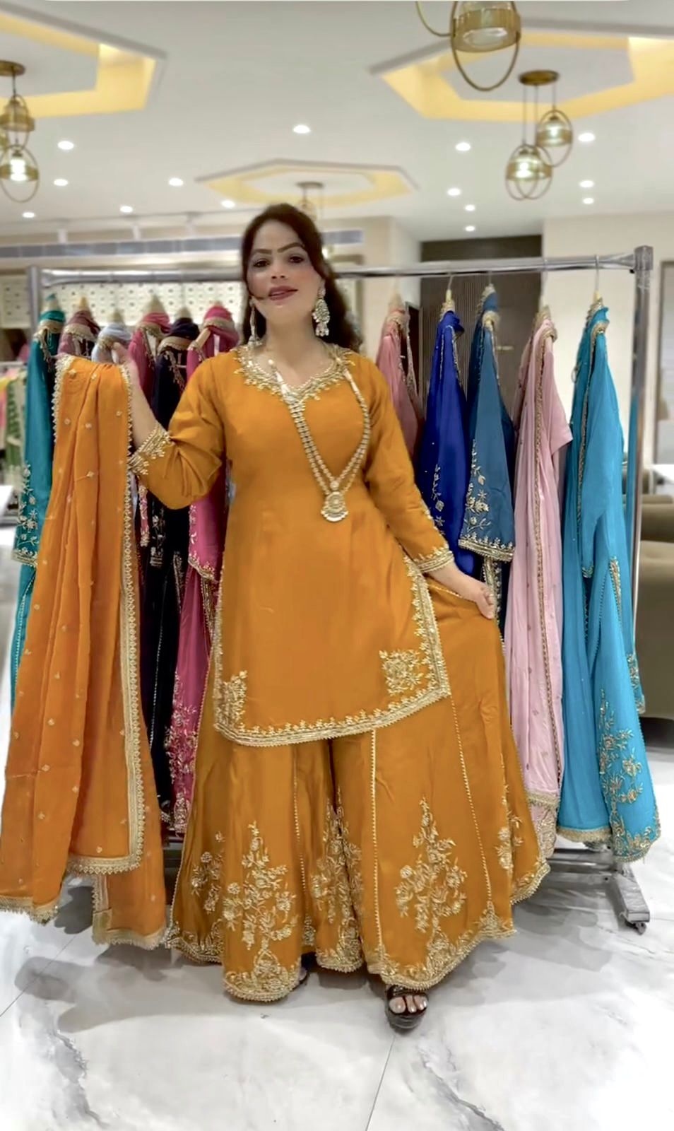 Elegant Embroidered Natural Crepe Kurti-Plazzo-Dupatta Set"