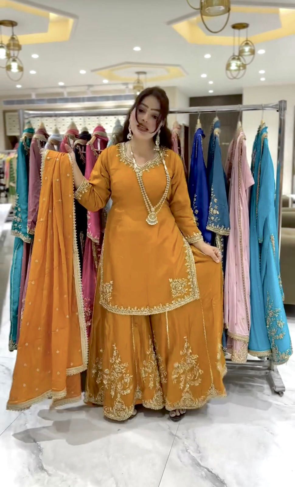 Elegant Embroidered Natural Crepe Kurti-Plazzo-Dupatta Set"