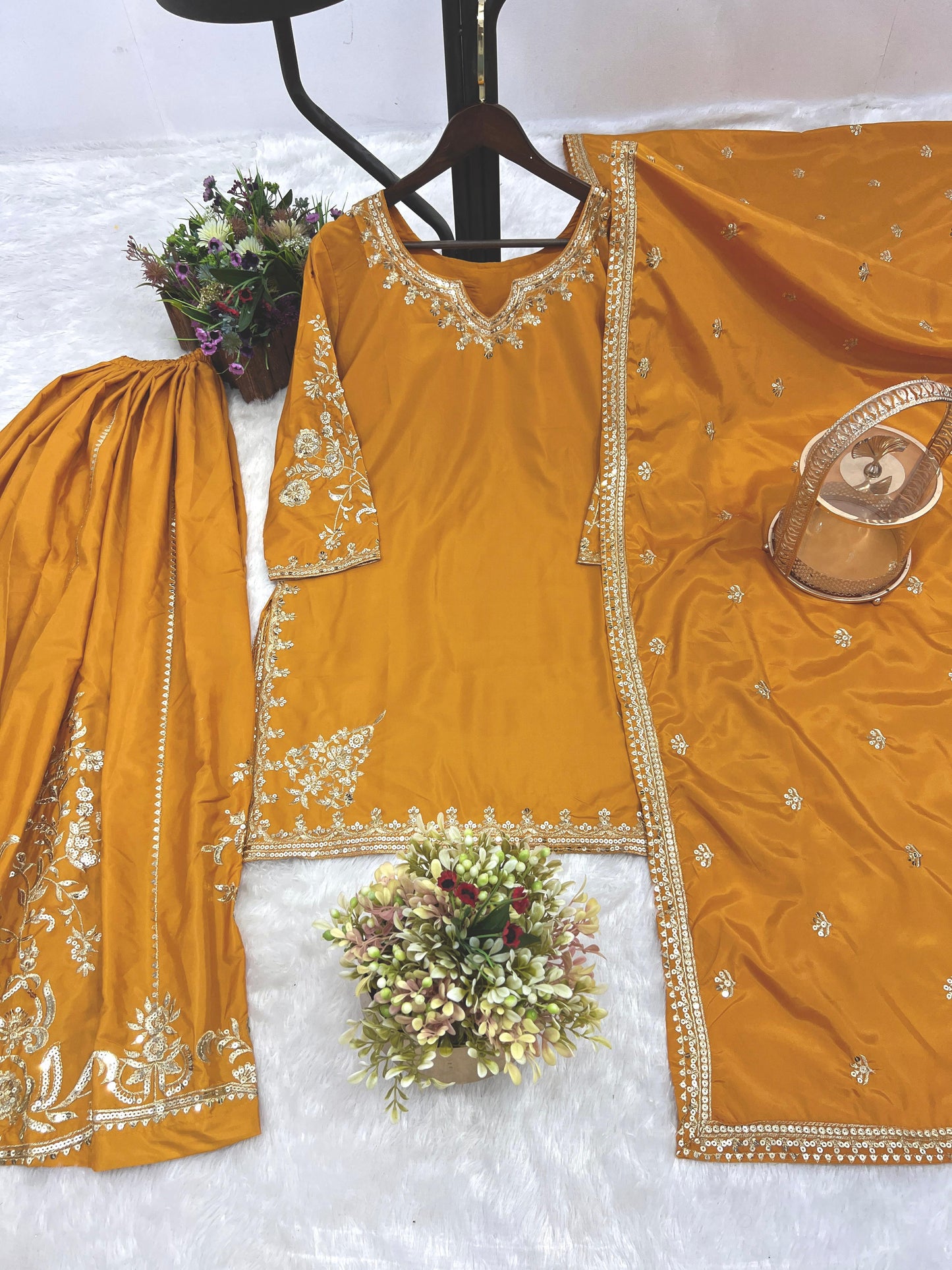 Elegant Embroidered Natural Crepe Kurti-Plazzo-Dupatta Set"