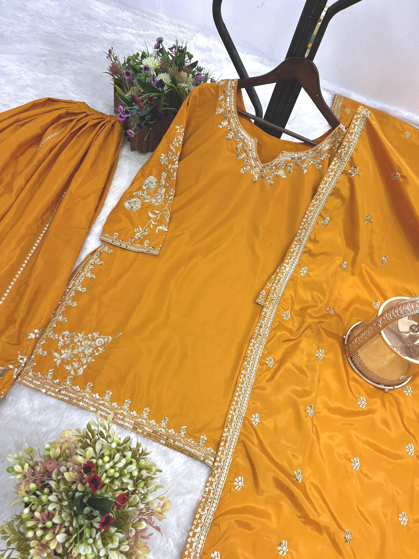 Elegant Embroidered Natural Crepe Kurti-Plazzo-Dupatta Set"