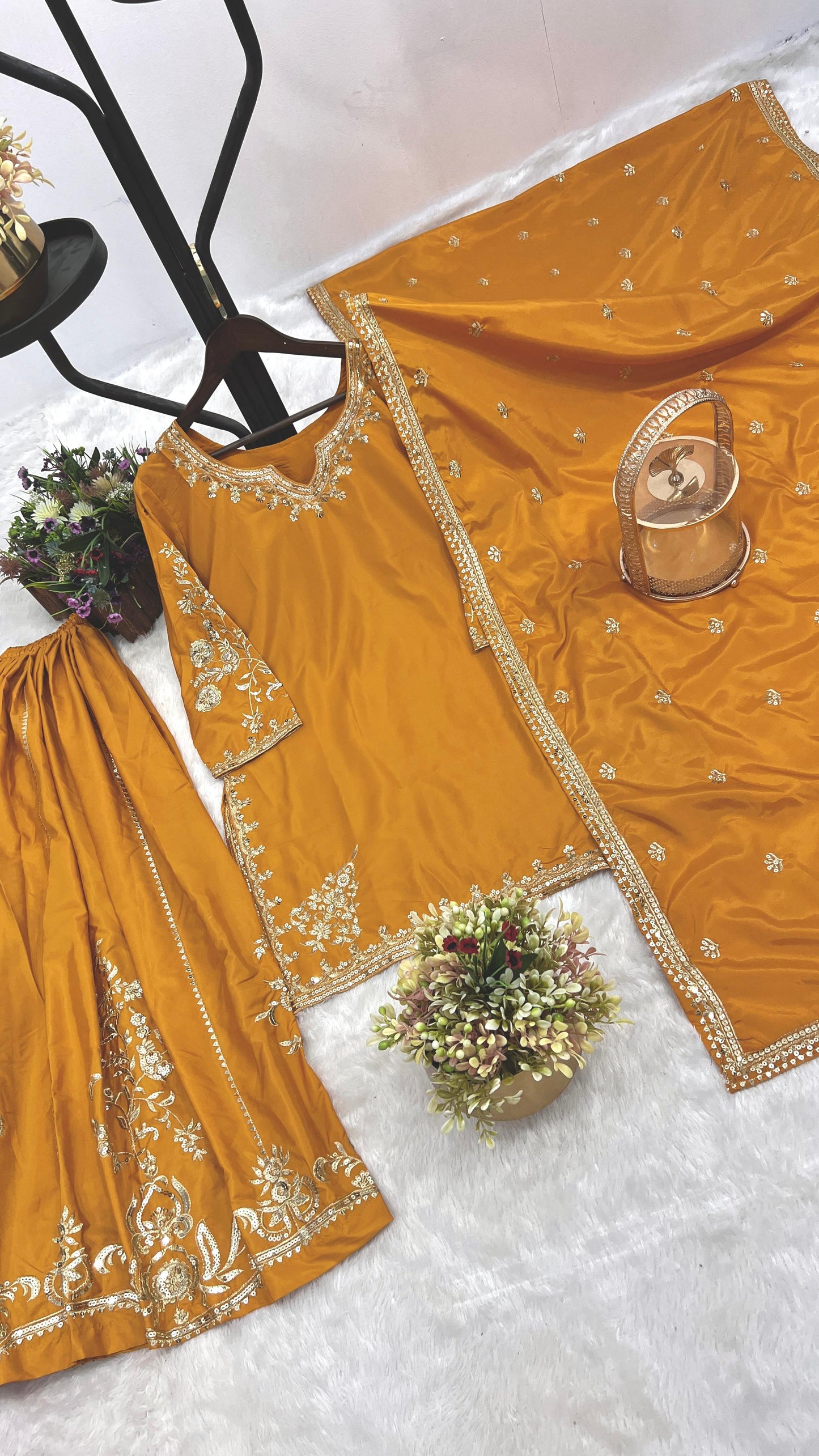 Elegant Embroidered Natural Crepe Kurti-Plazzo-Dupatta Set"