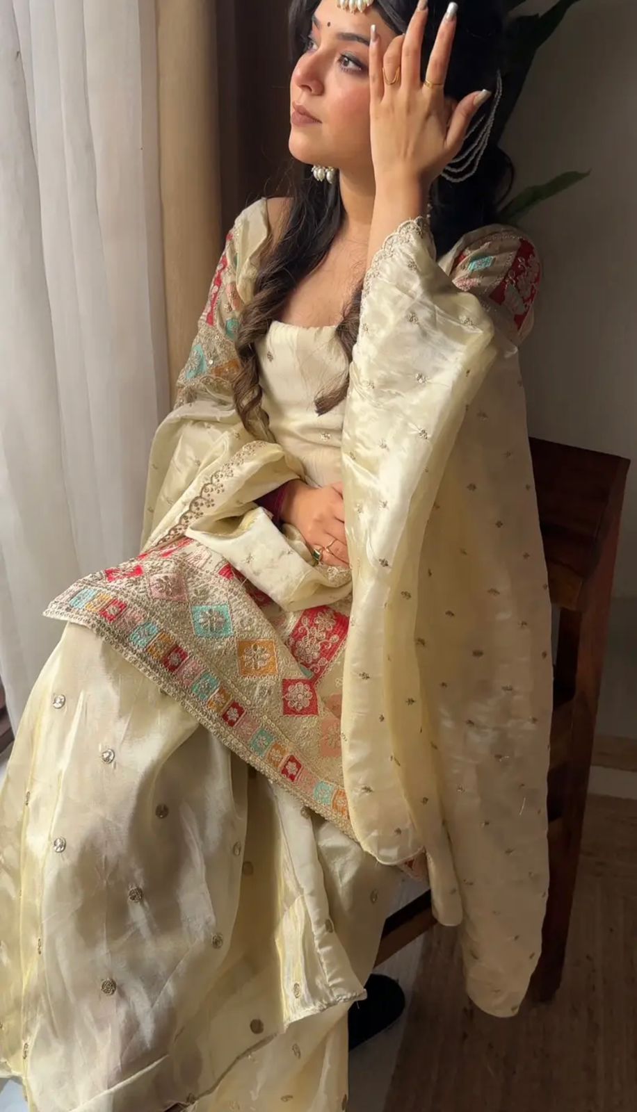 Designer Embroidered Chinon Silk Top-Gharara-Dupatta Set"