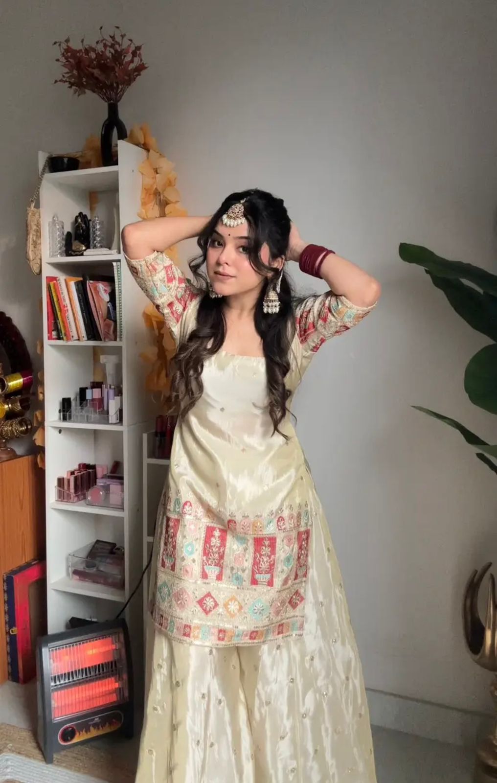 Designer Embroidered Chinon Silk Top-Gharara-Dupatta Set"