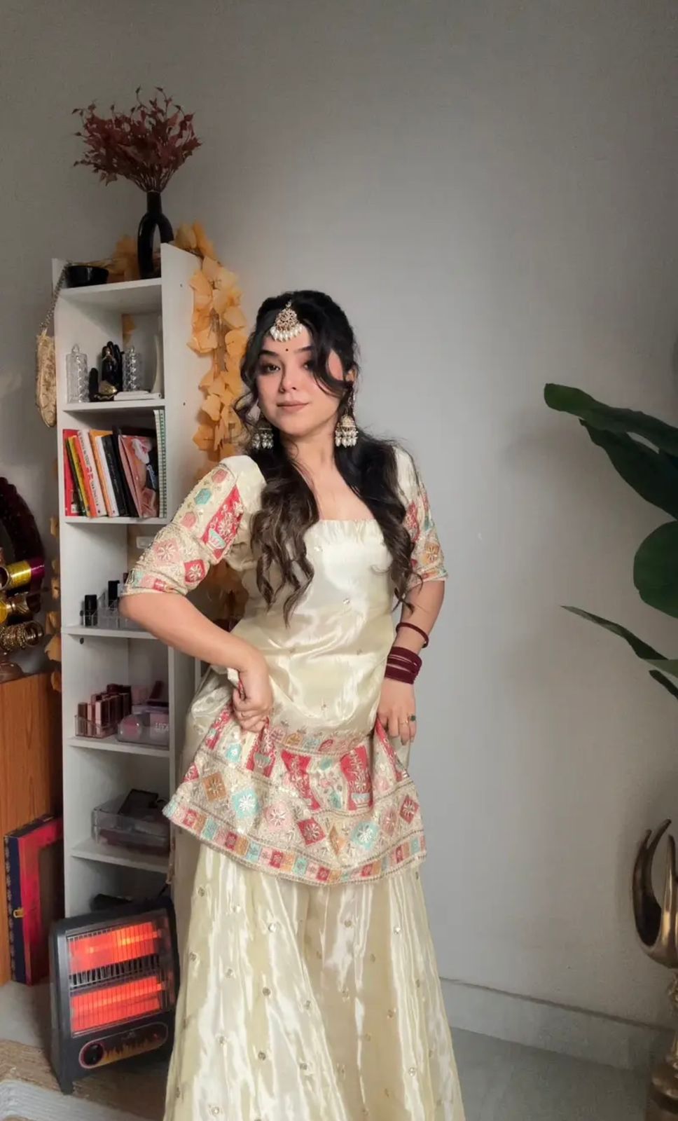 Designer Embroidered Chinon Silk Top-Gharara-Dupatta Set"