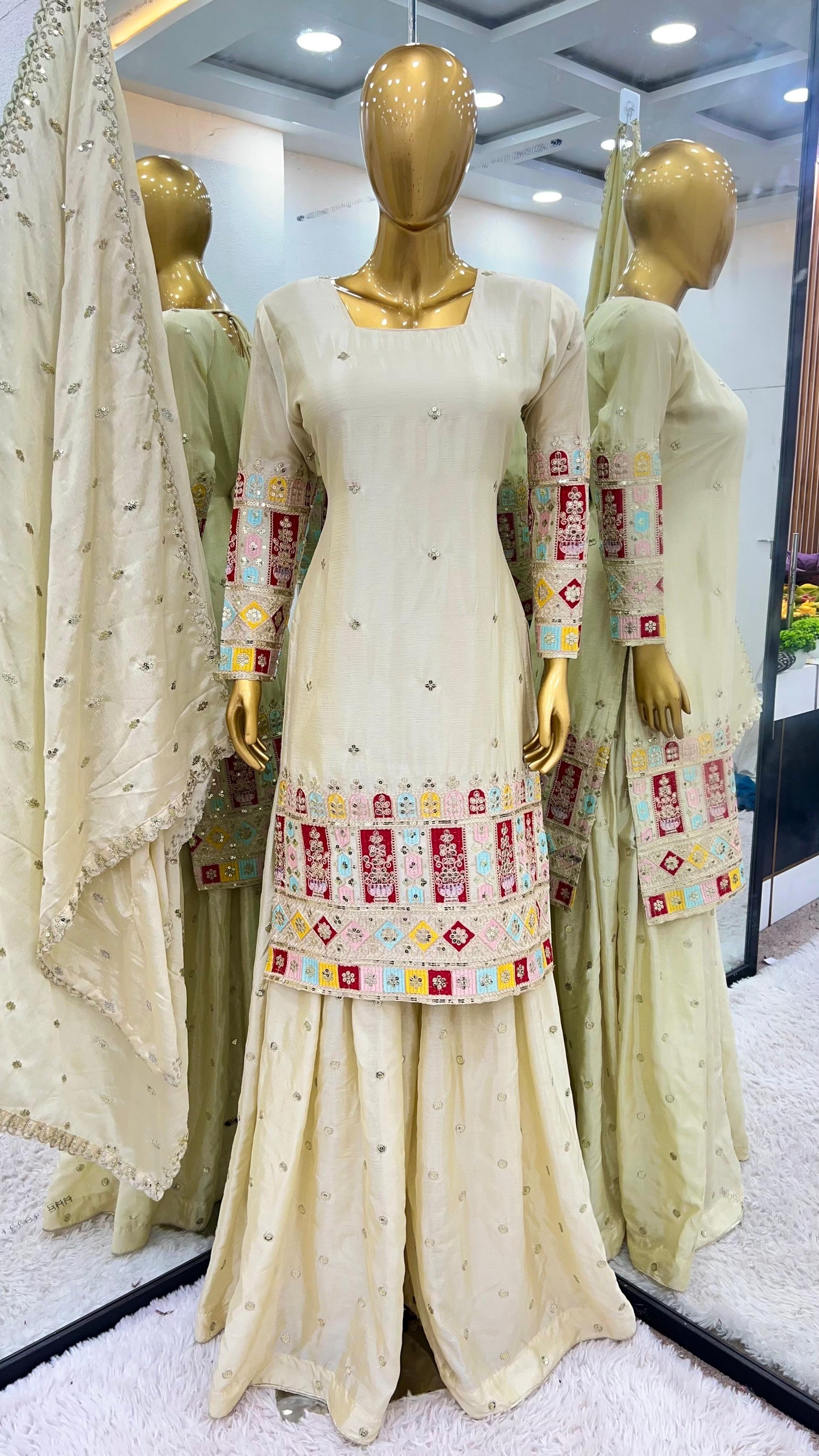Designer Embroidered Chinon Silk Top-Gharara-Dupatta Set"