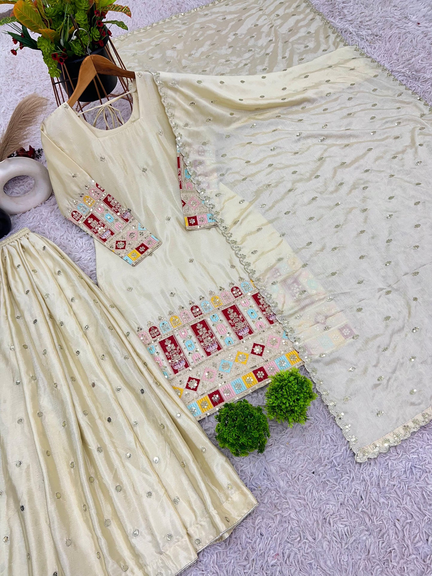 Designer Embroidered Chinon Silk Top-Gharara-Dupatta Set"