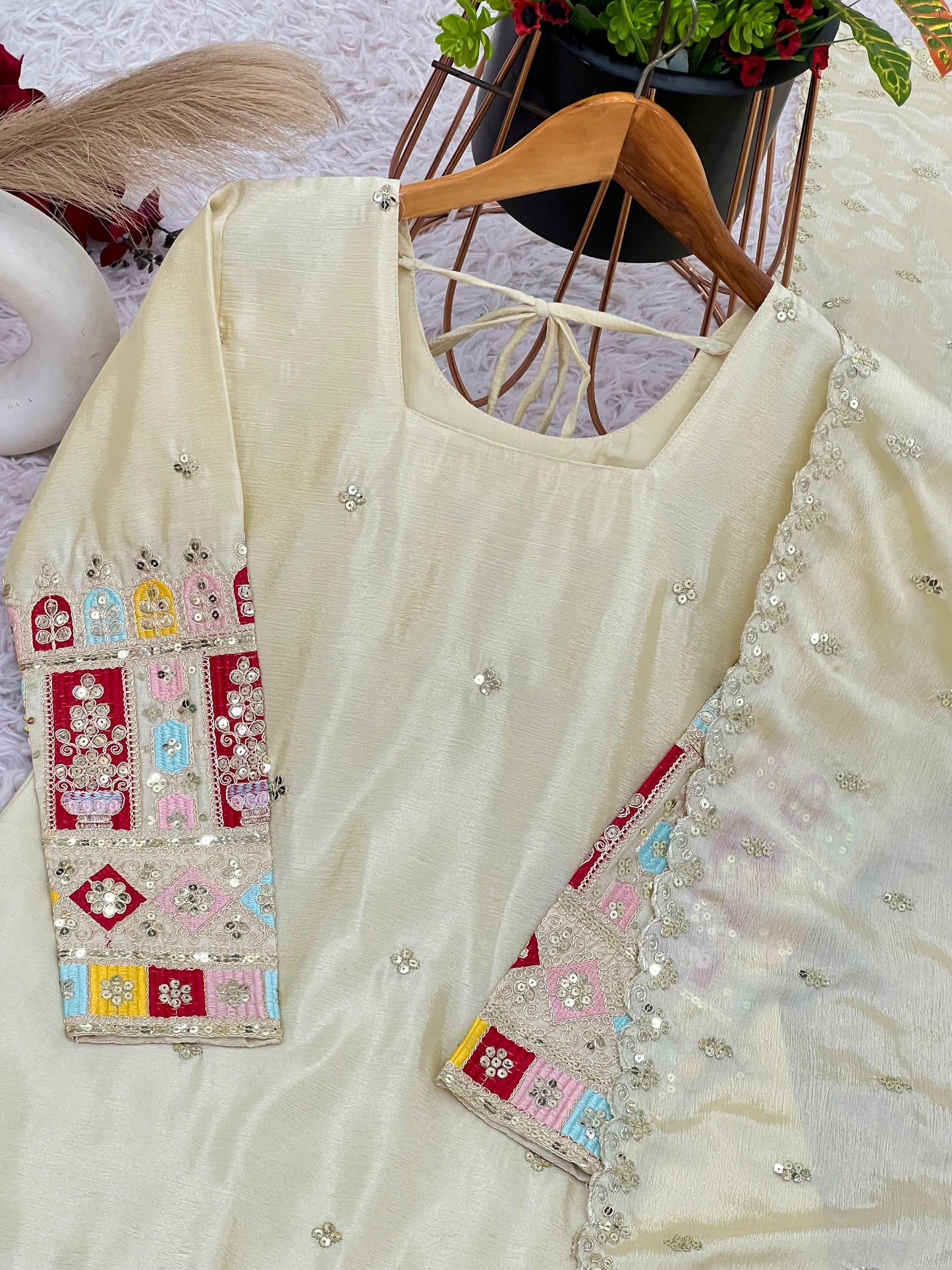 Designer Embroidered Chinon Silk Top-Gharara-Dupatta Set"