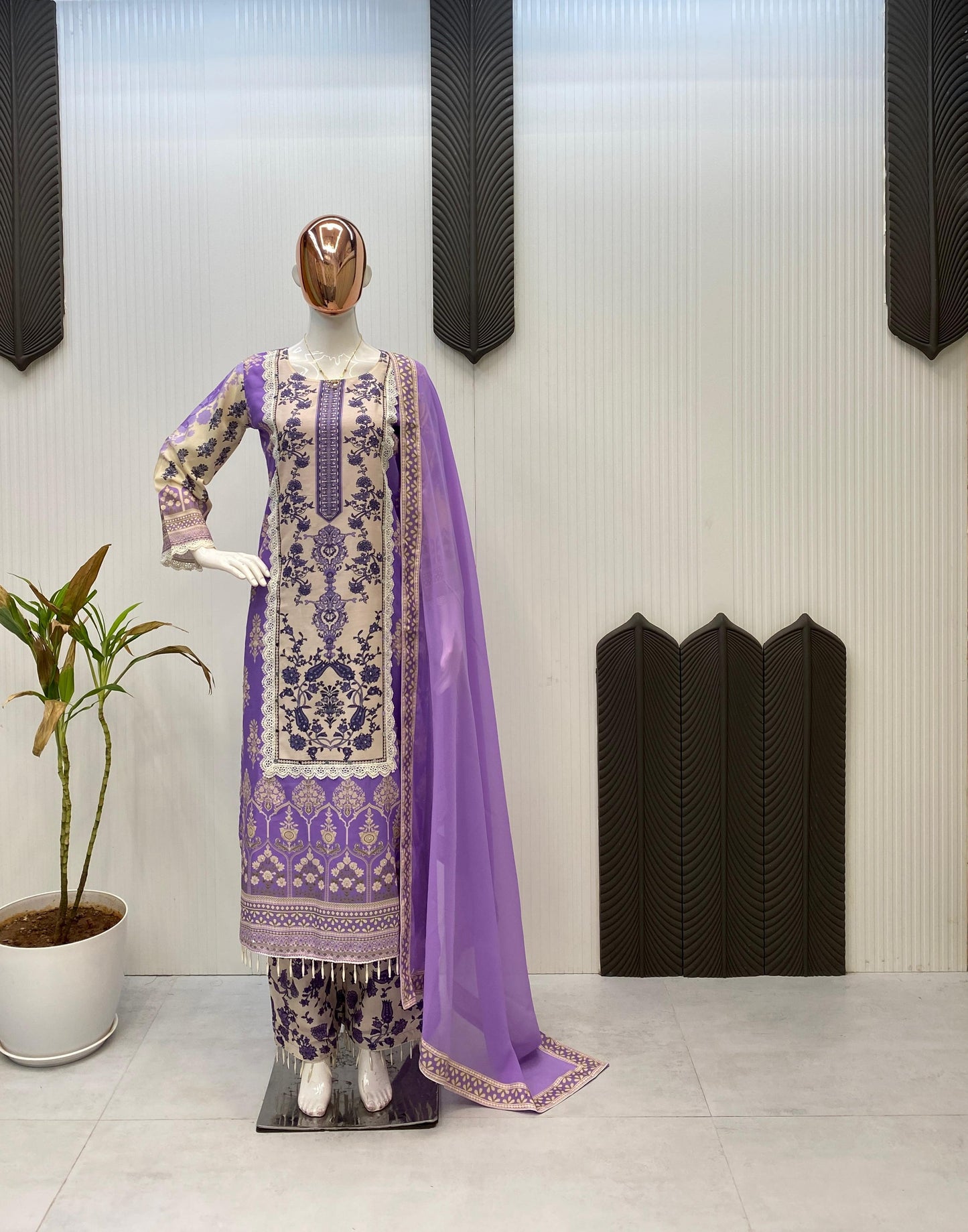 "LG-1968 Maslin Printed Kurta-Pant Set with Real Mirror & Lace Work"