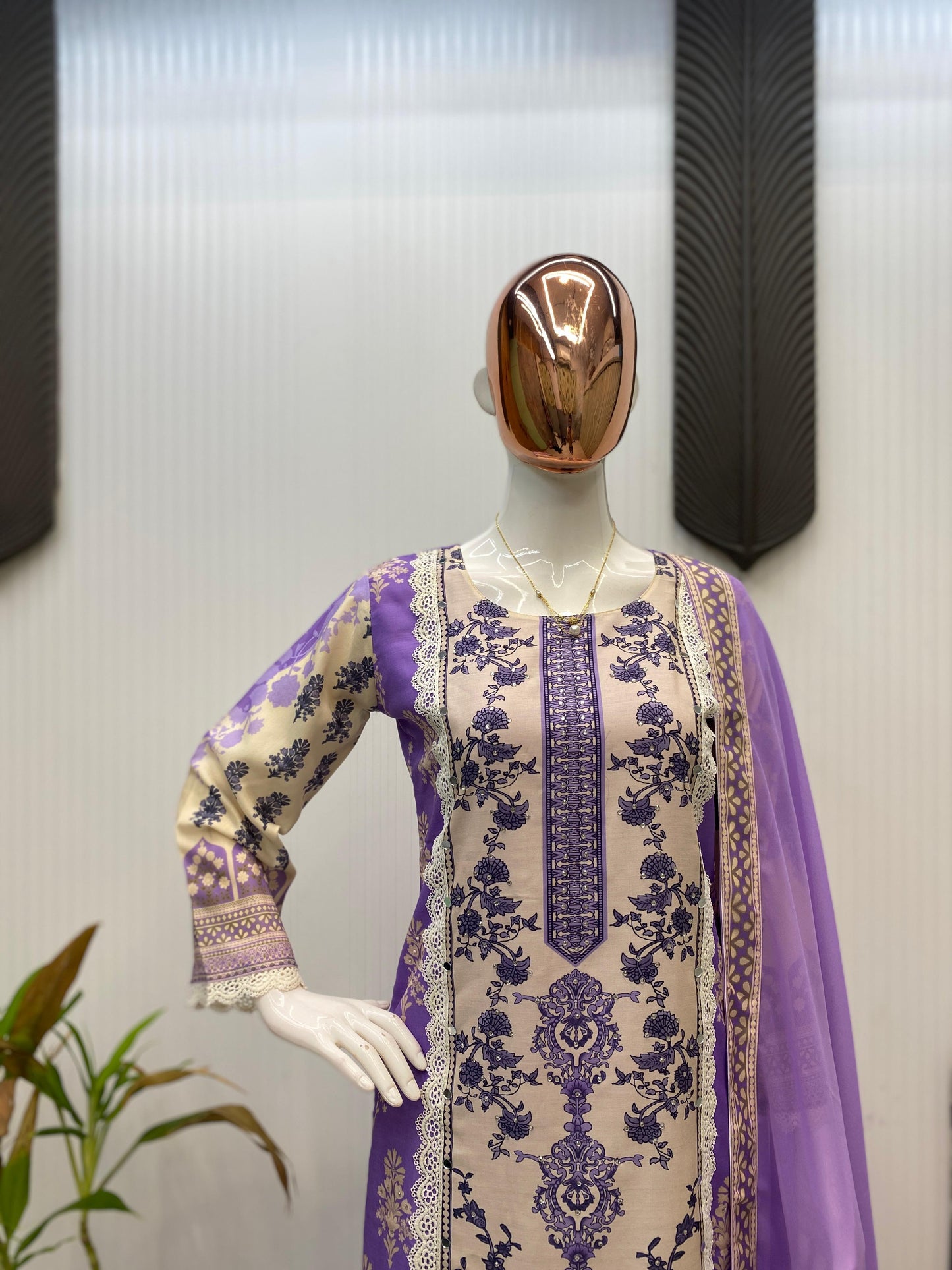 "LG-1968 Maslin Printed Kurta-Pant Set with Real Mirror & Lace Work"