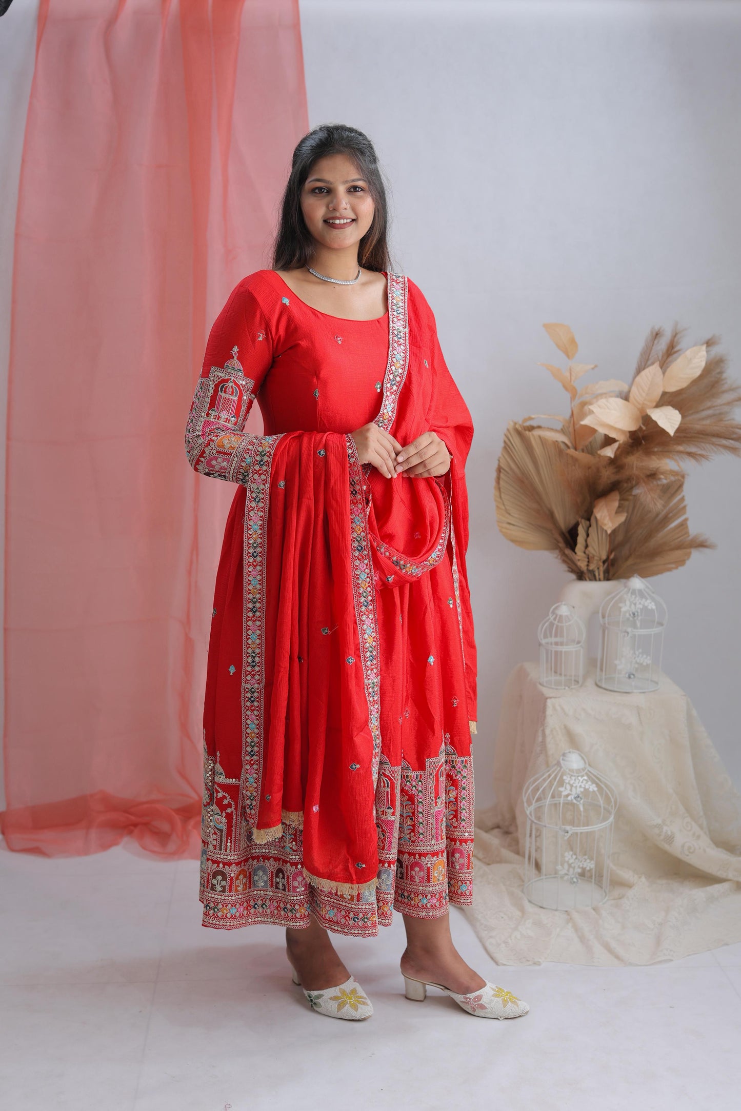 Premium Pure Chinon Silk Gown-Pant-Dupatta Set