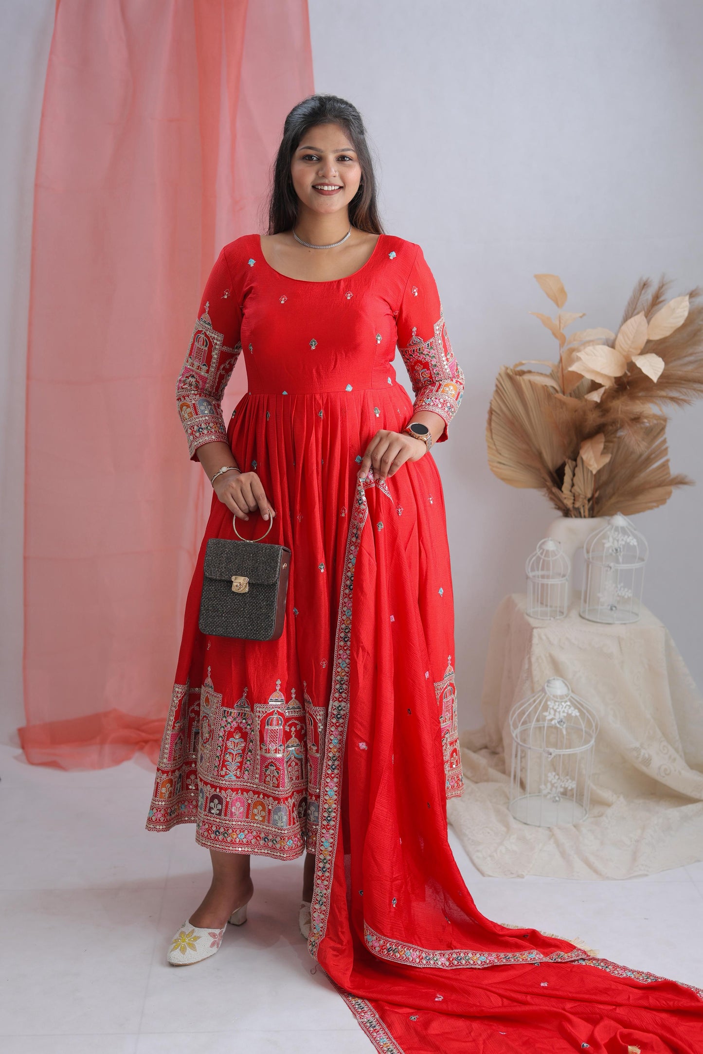 Premium Pure Chinon Silk Gown-Pant-Dupatta Set