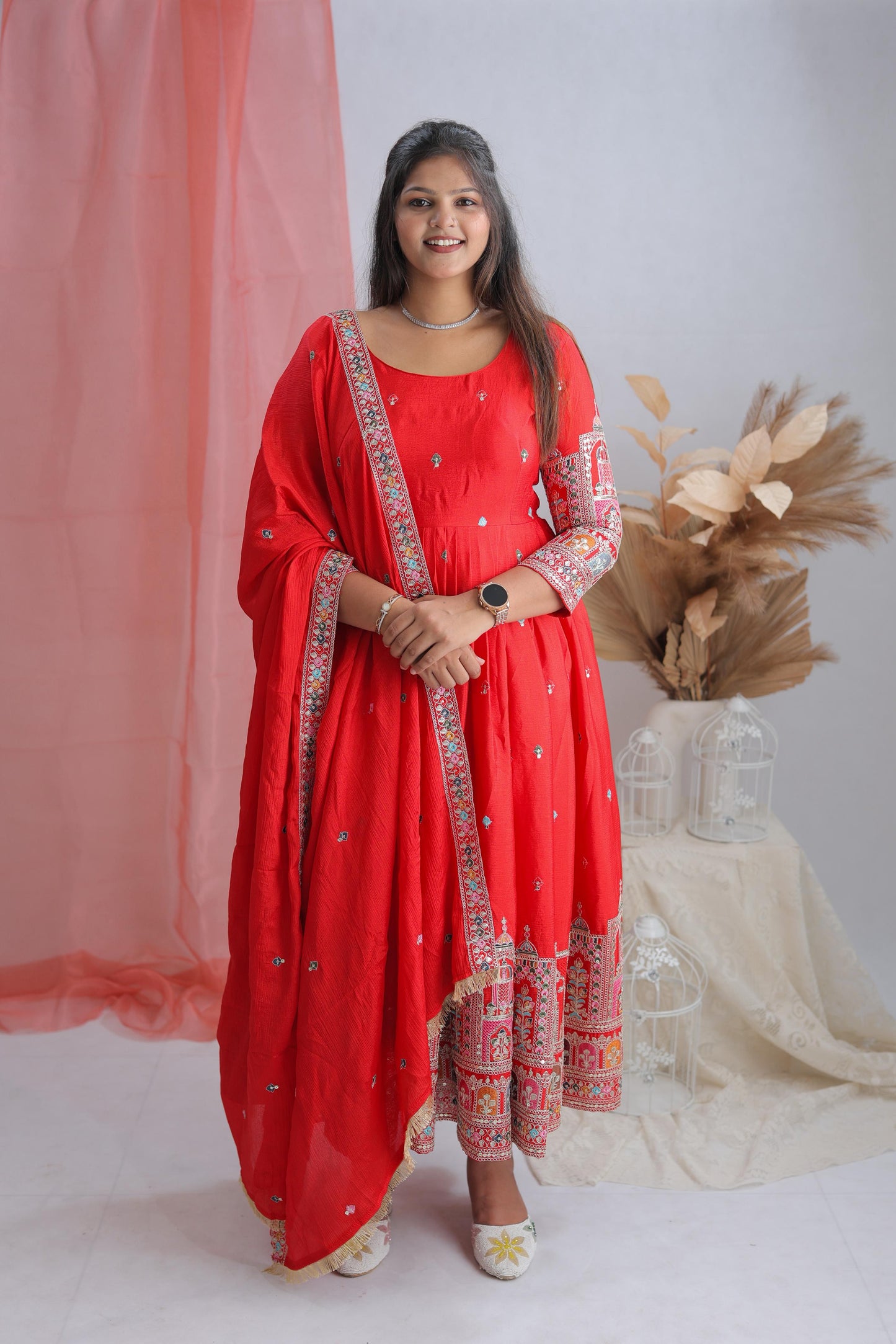 Premium Pure Chinon Silk Gown-Pant-Dupatta Set