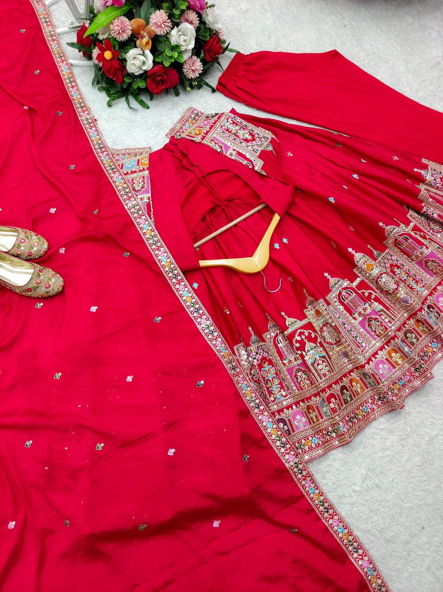 Premium Pure Chinon Silk Gown-Pant-Dupatta Set