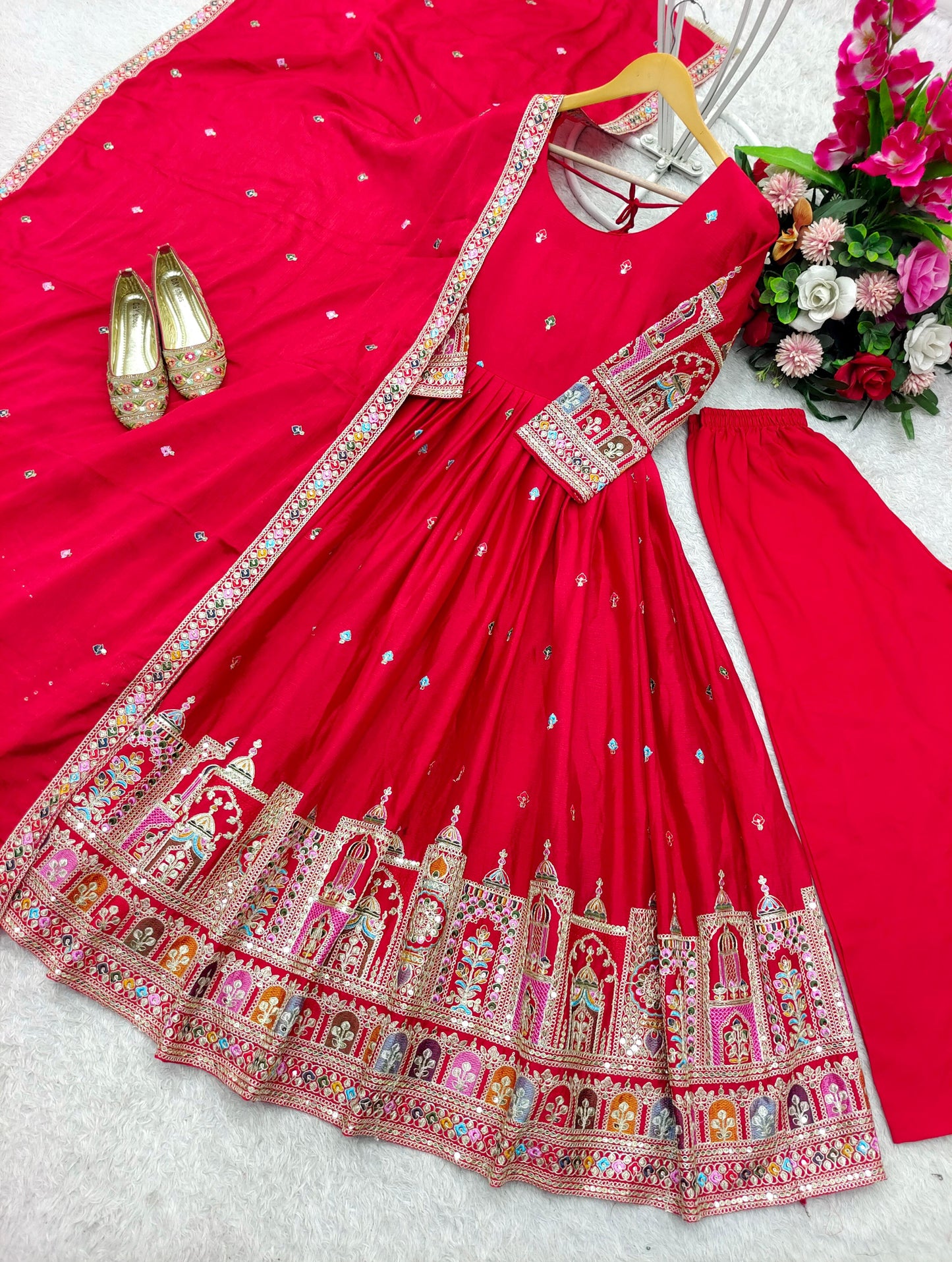 Premium Pure Chinon Silk Gown-Pant-Dupatta Set