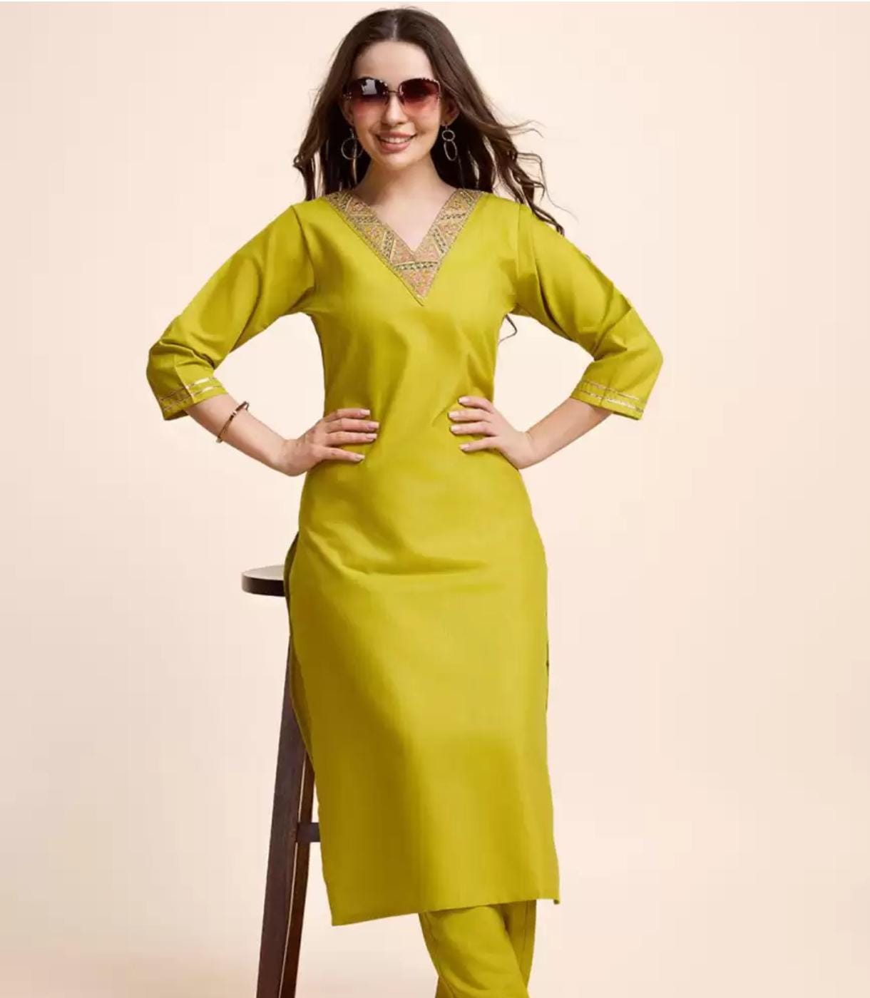 Women's V-Neck Rayon Slub Embroidered Straight Kurti with Pant & Dupatta