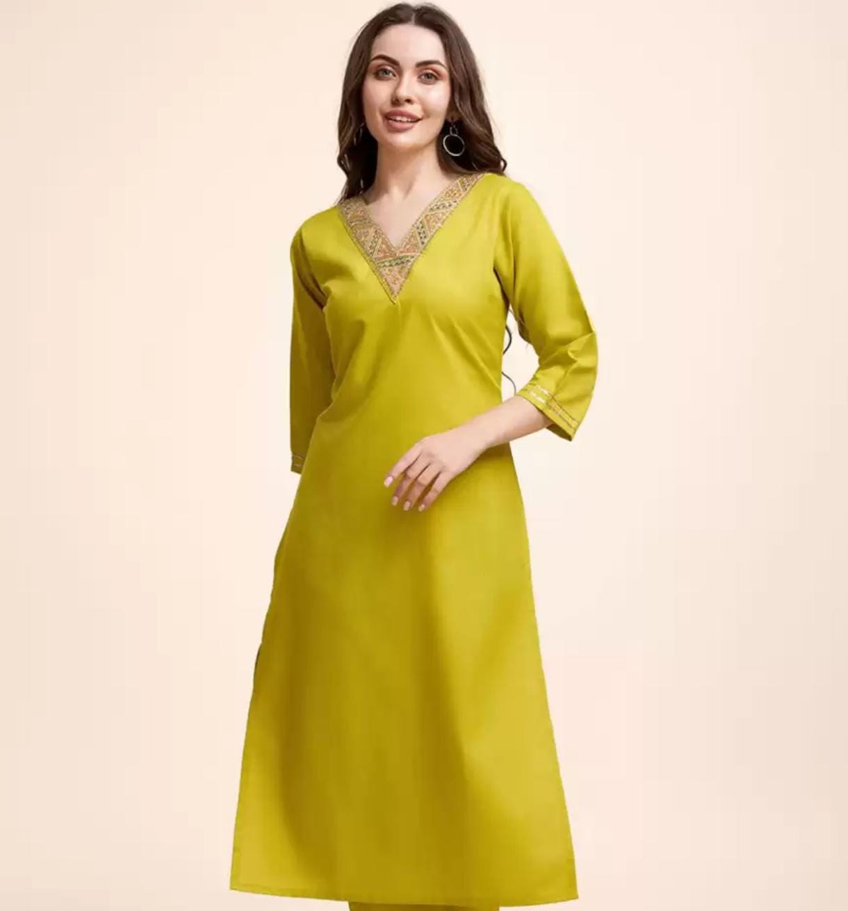 Women's V-Neck Rayon Slub Embroidered Straight Kurti with Pant & Dupatta