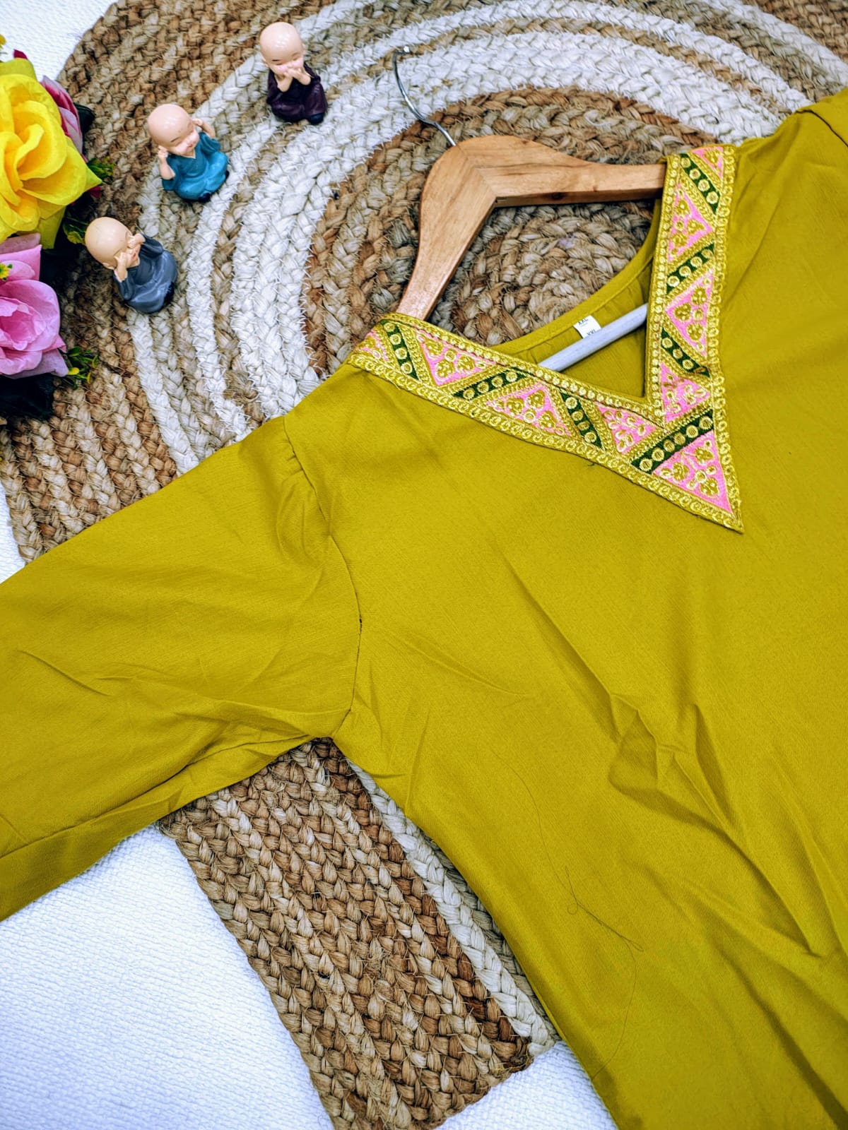 Women's V-Neck Rayon Slub Embroidered Straight Kurti with Pant & Dupatta