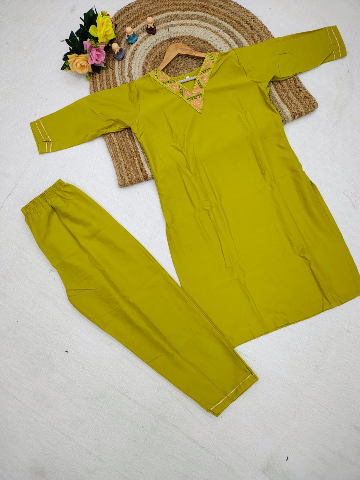 Women's V-Neck Rayon Slub Embroidered Straight Kurti with Pant & Dupatta