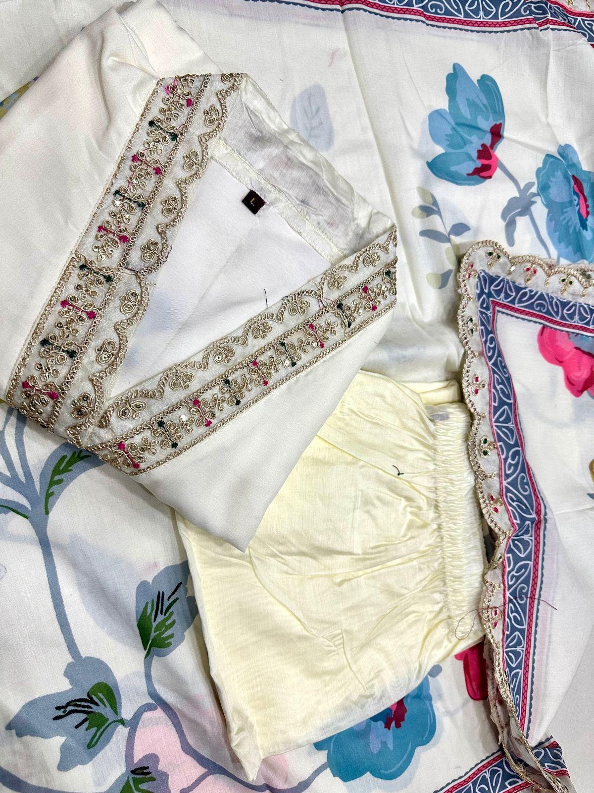 Designer Festive Wear Kurti Pant Dupatta Set – Muslin Silk with Embroidery;Sequin Work