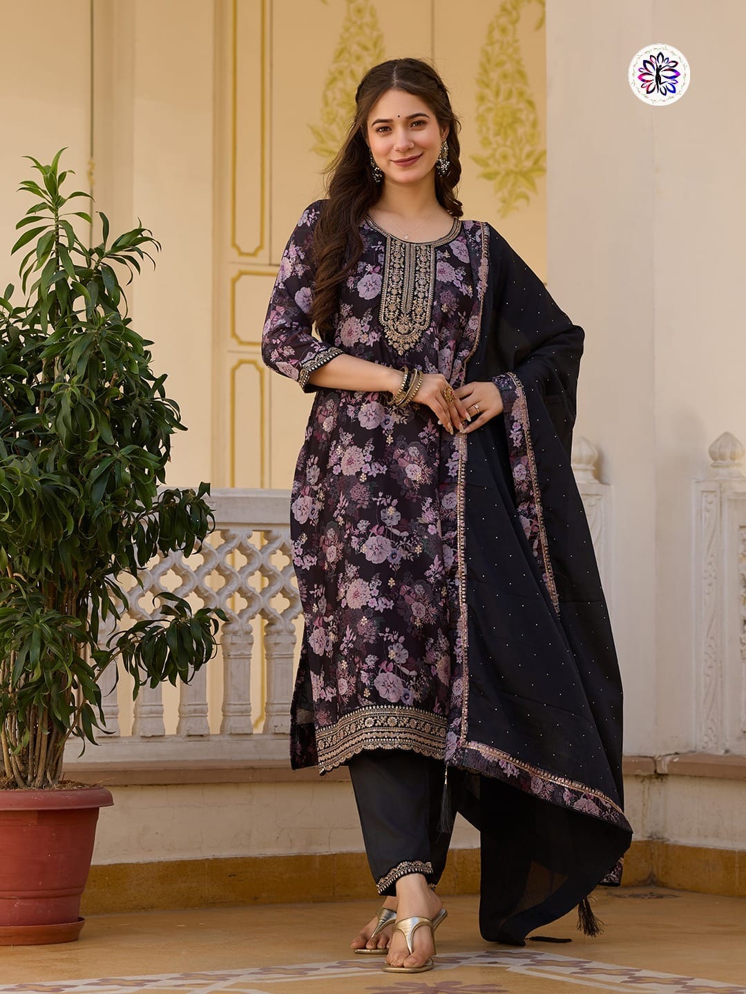 Designer Embroidered Chinon Top with Viscose Rayon Bottom; Chinon Dupatta
