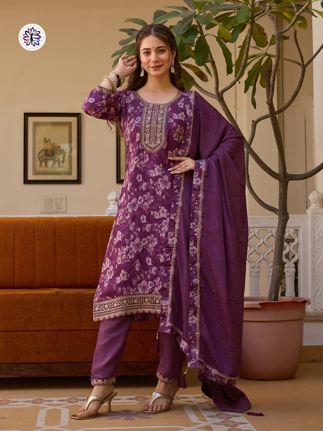 Designer Embroidered Chinon Top with Viscose Rayon Bottom; Chinon Dupatta