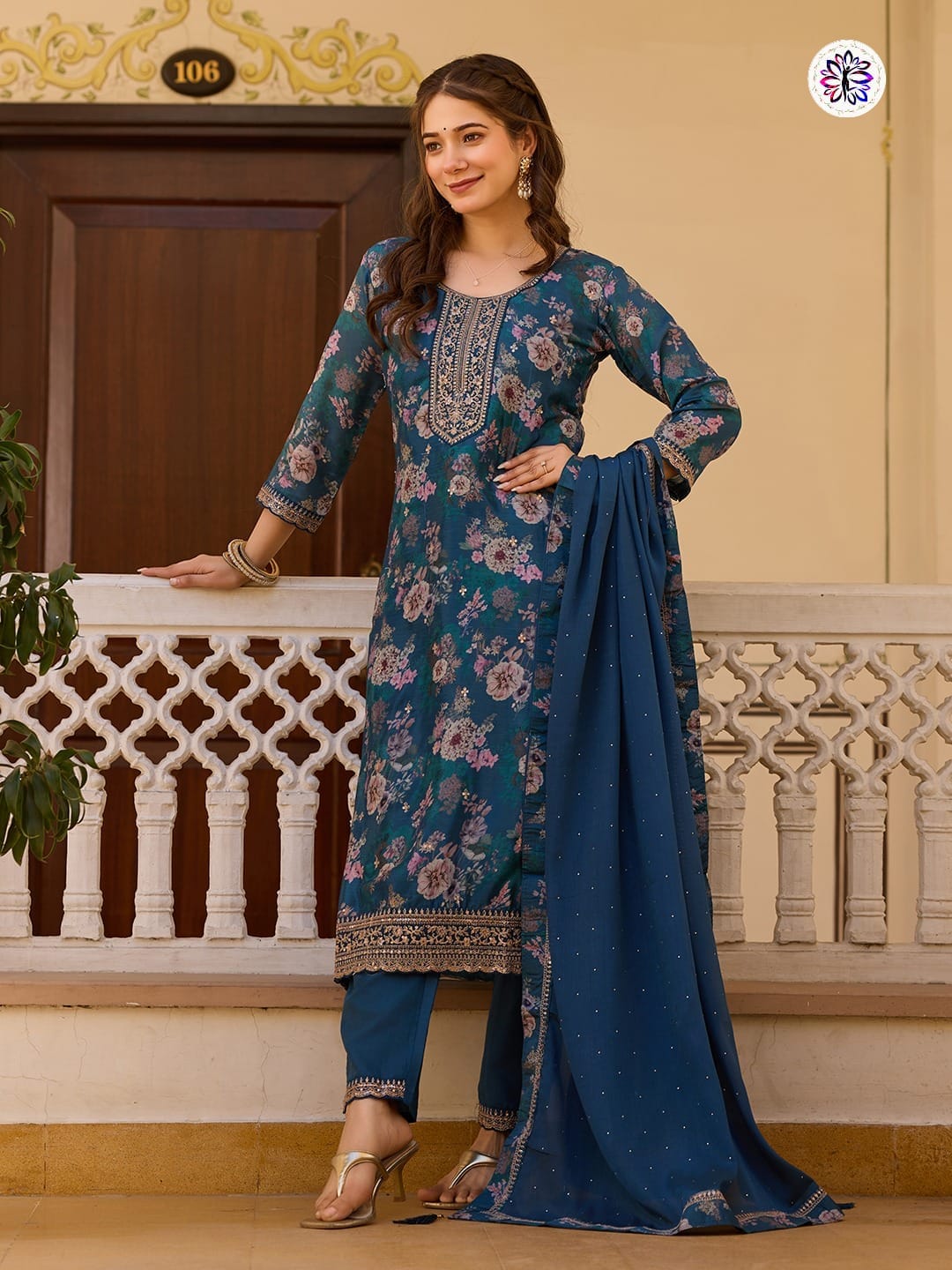 Designer Embroidered Chinon Top with Viscose Rayon Bottom; Chinon Dupatta