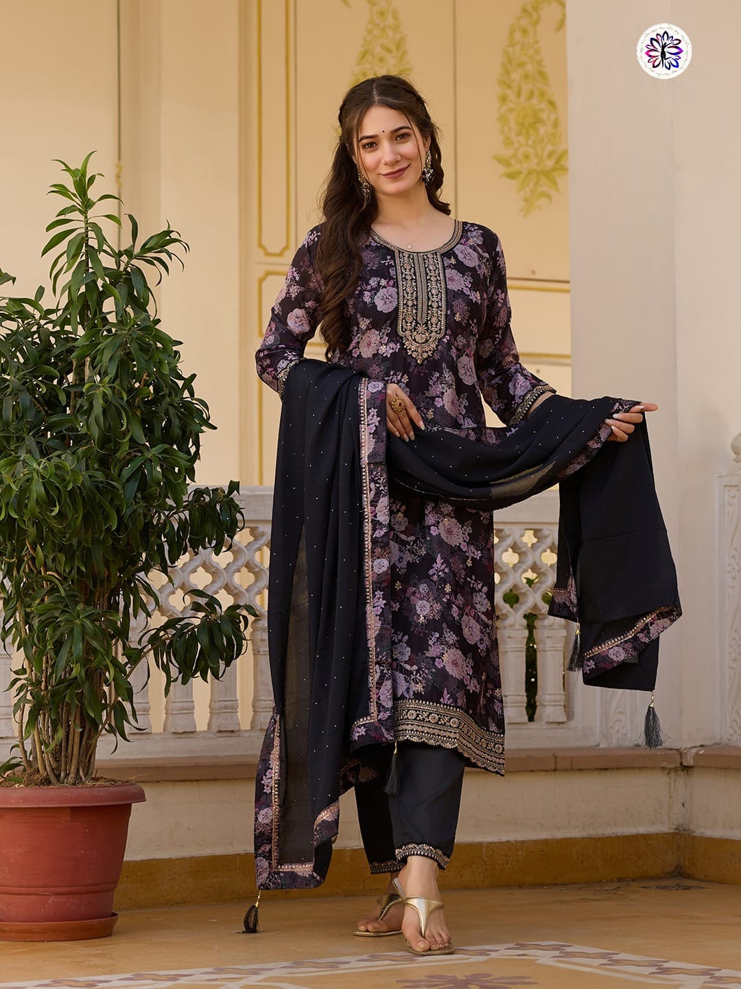 Designer Embroidered Chinon Top with Viscose Rayon Bottom; Chinon Dupatta