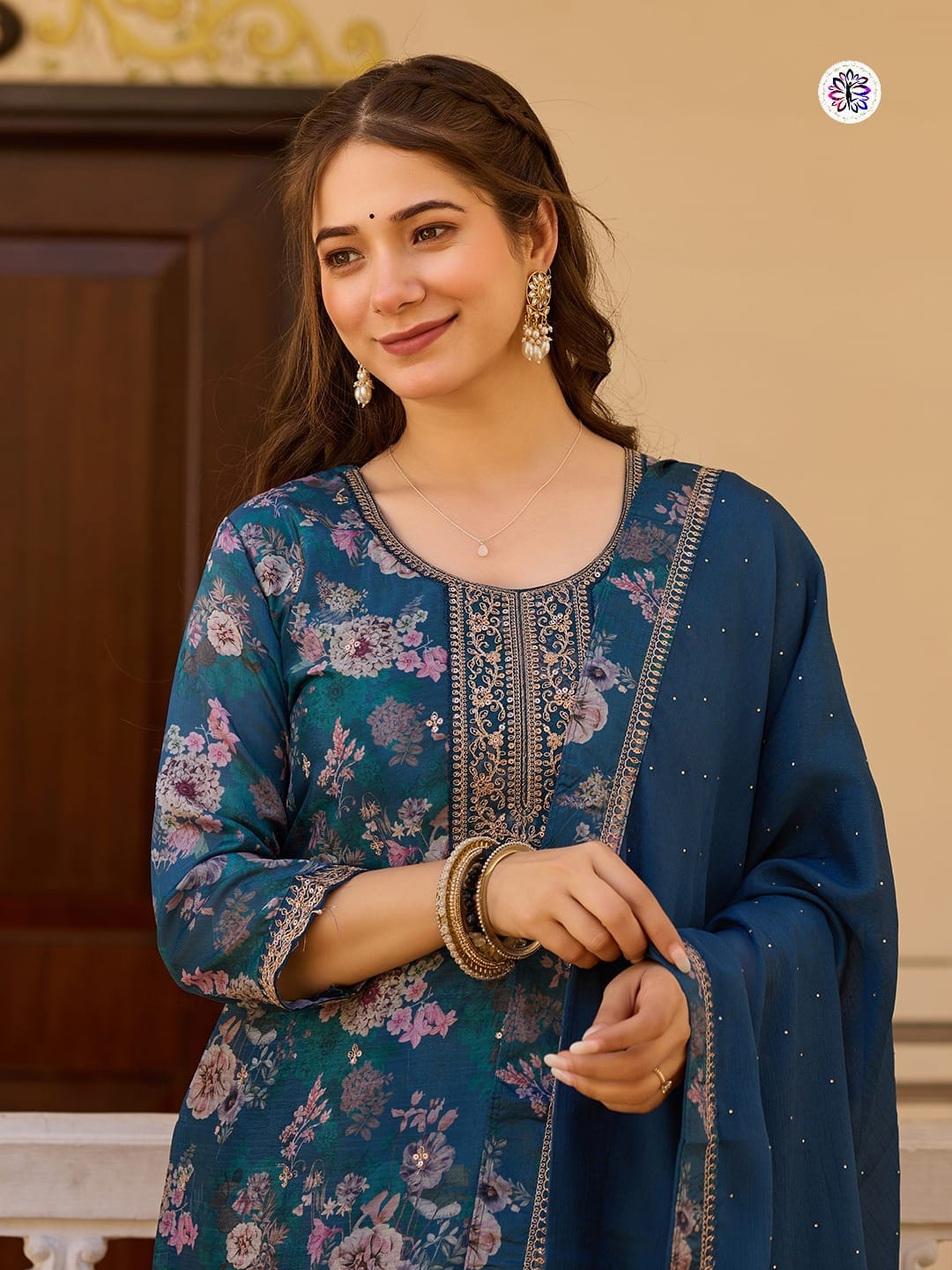 Designer Embroidered Chinon Top with Viscose Rayon Bottom; Chinon Dupatta