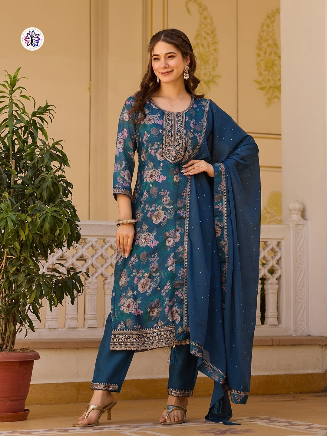 Designer Embroidered Chinon Top with Viscose Rayon Bottom; Chinon Dupatta