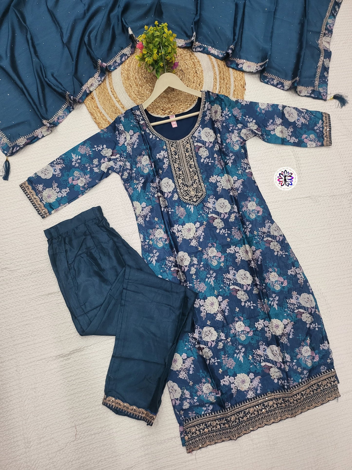 Designer Embroidered Chinon Top with Viscose Rayon Bottom; Chinon Dupatta