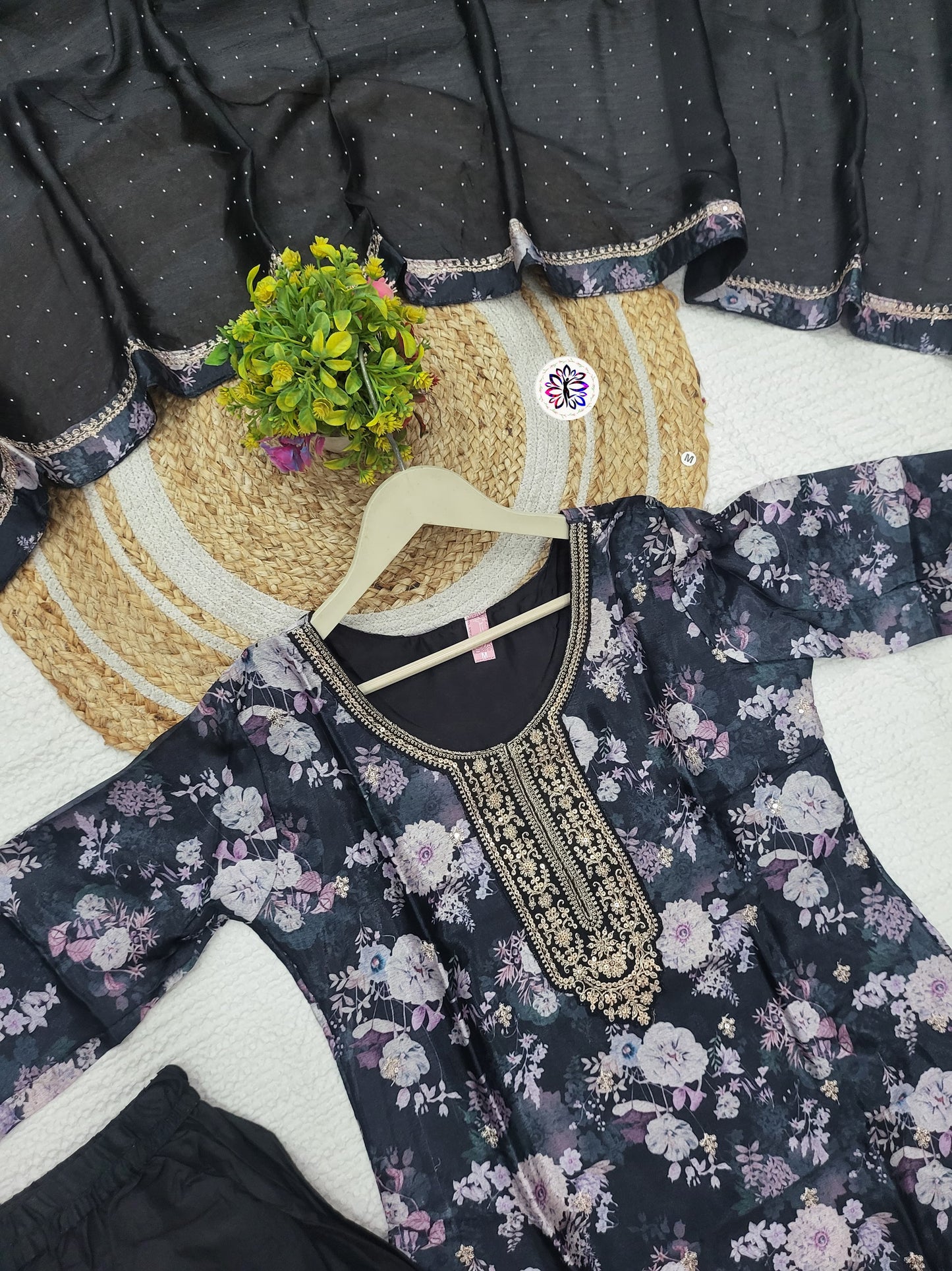 Designer Embroidered Chinon Top with Viscose Rayon Bottom; Chinon Dupatta