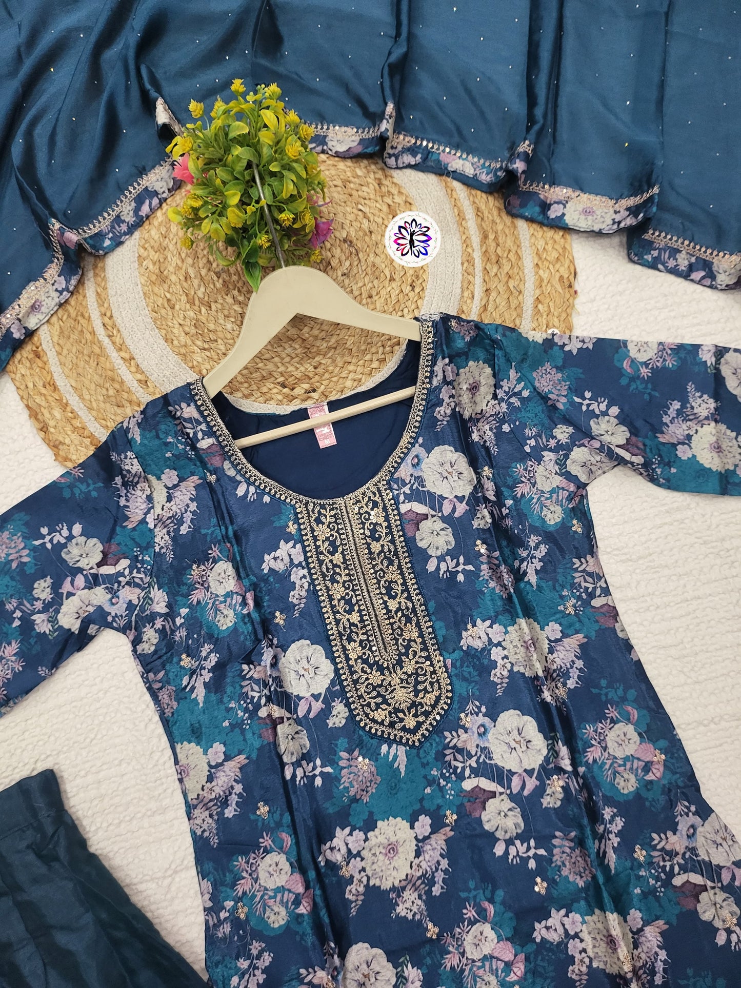 Designer Embroidered Chinon Top with Viscose Rayon Bottom; Chinon Dupatta