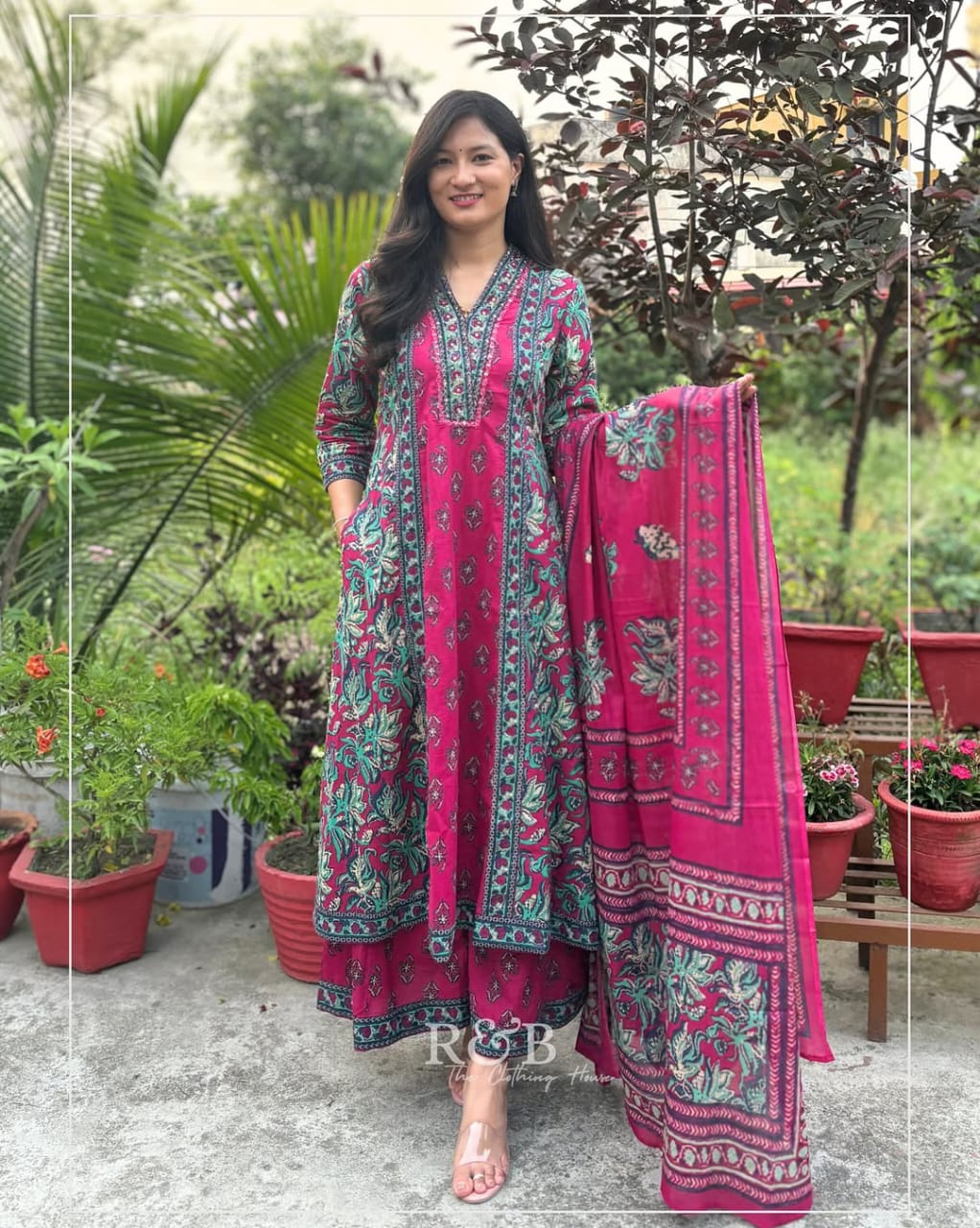 Cotton Printed A-Line Kurti Set with Dupatta & Palazzo Pants