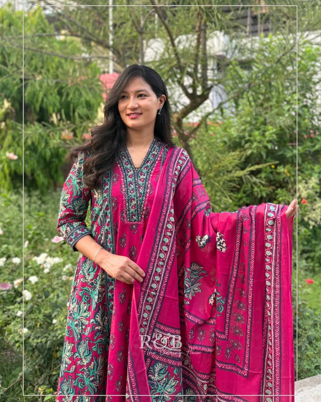 Cotton Printed A-Line Kurti Set with Dupatta & Palazzo Pants