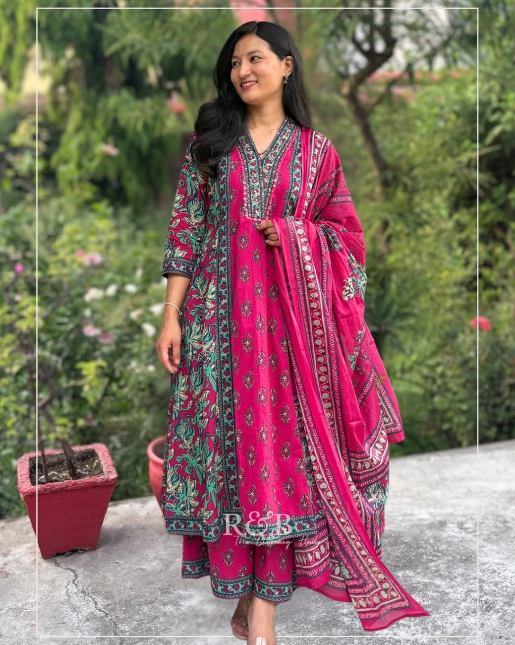 Cotton Printed A-Line Kurti Set with Dupatta & Palazzo Pants