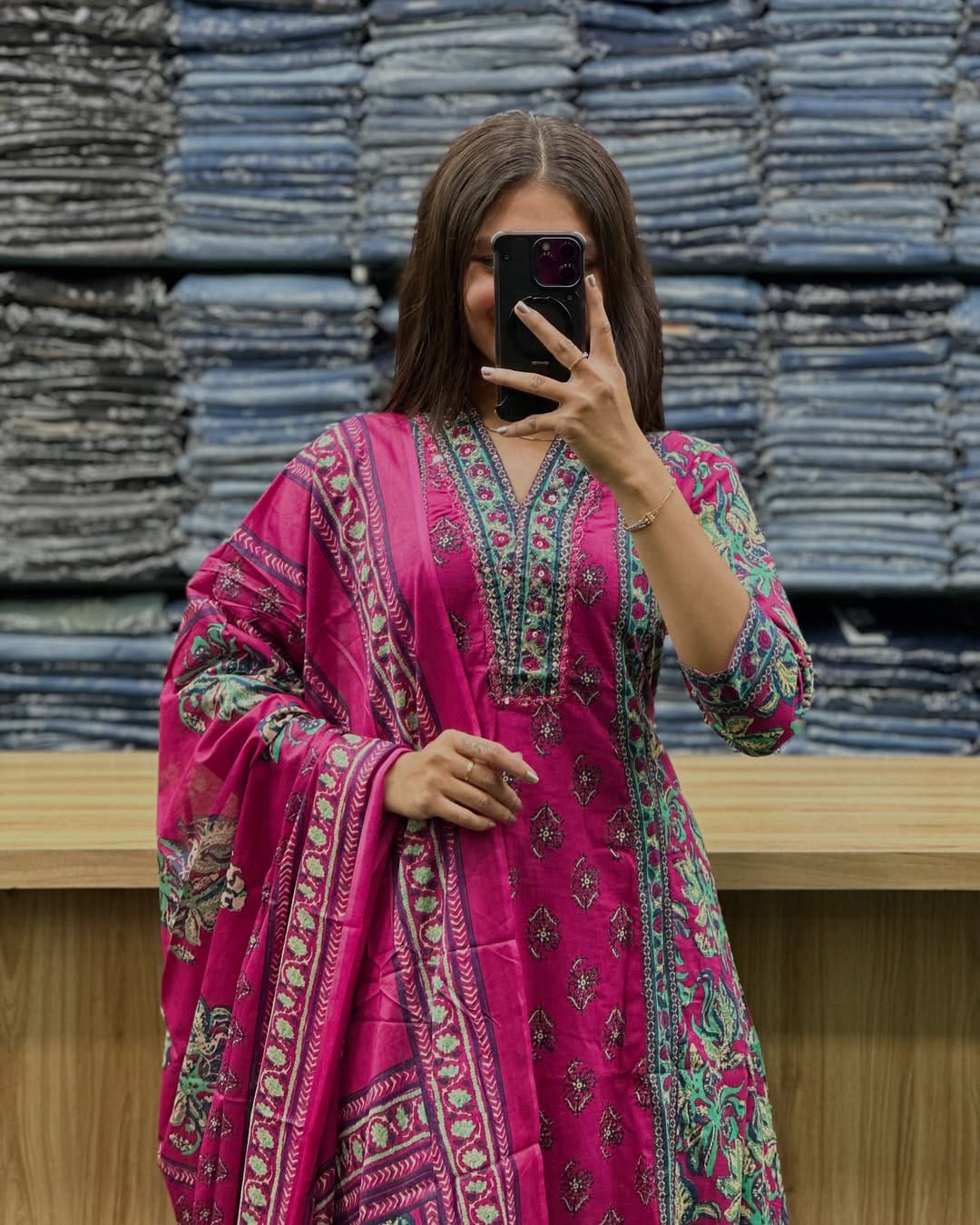 Cotton Printed A-Line Kurti Set with Dupatta & Palazzo Pants