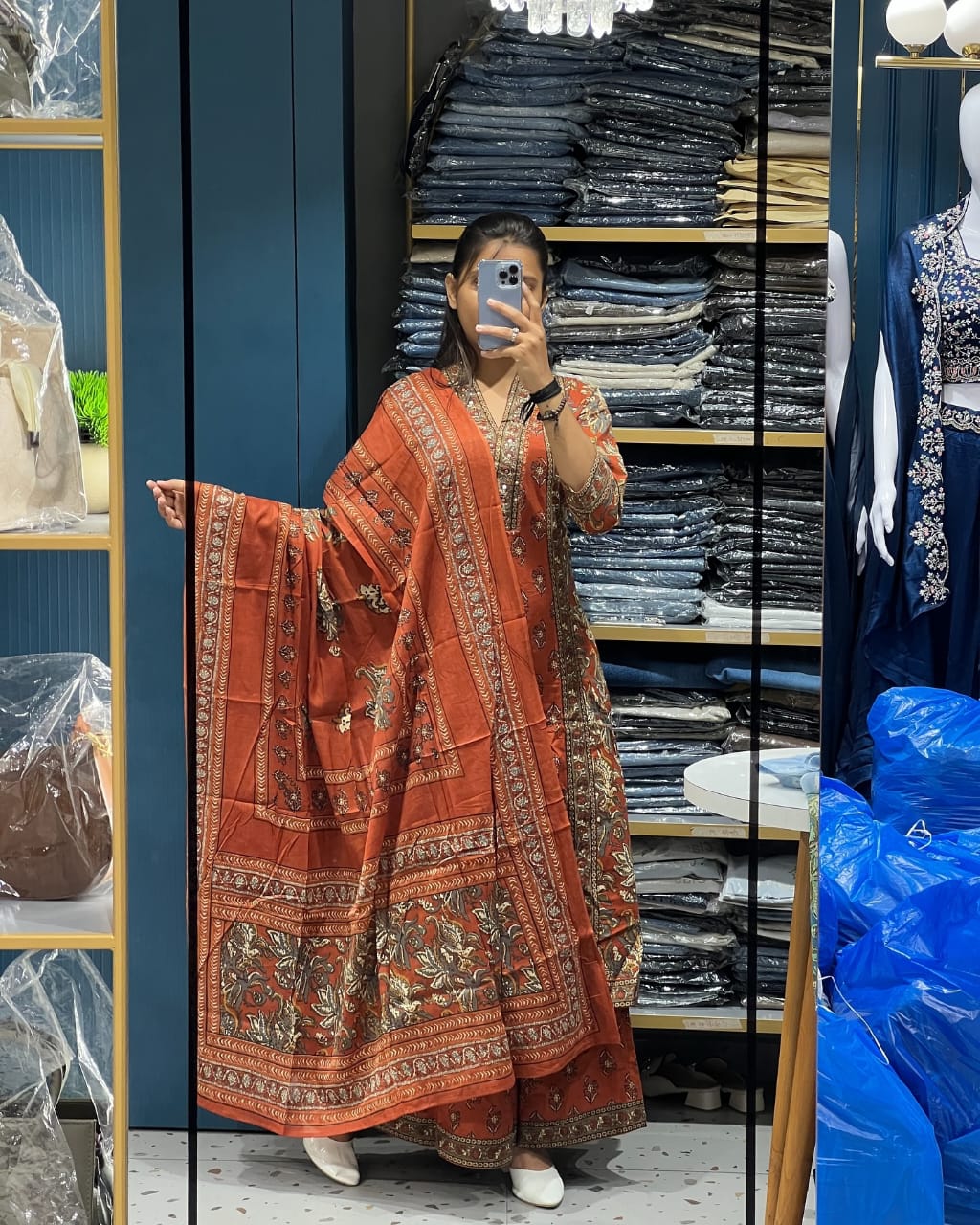 Cotton Printed A-Line Kurti Set with Dupatta & Palazzo Pants
