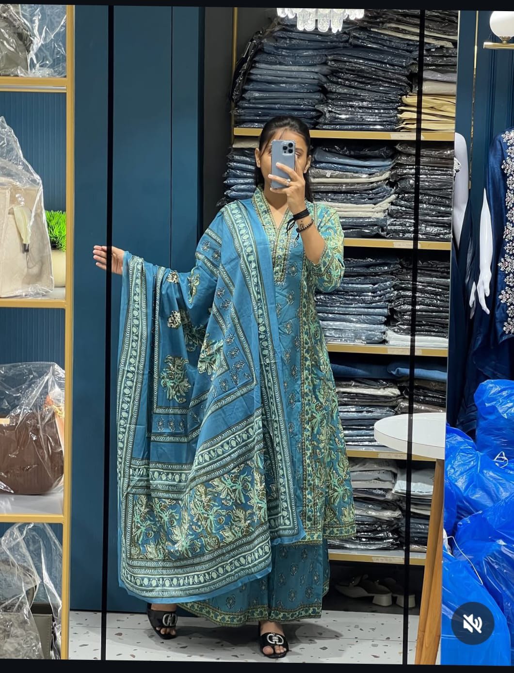 Cotton Printed A-Line Kurti Set with Dupatta & Palazzo Pants