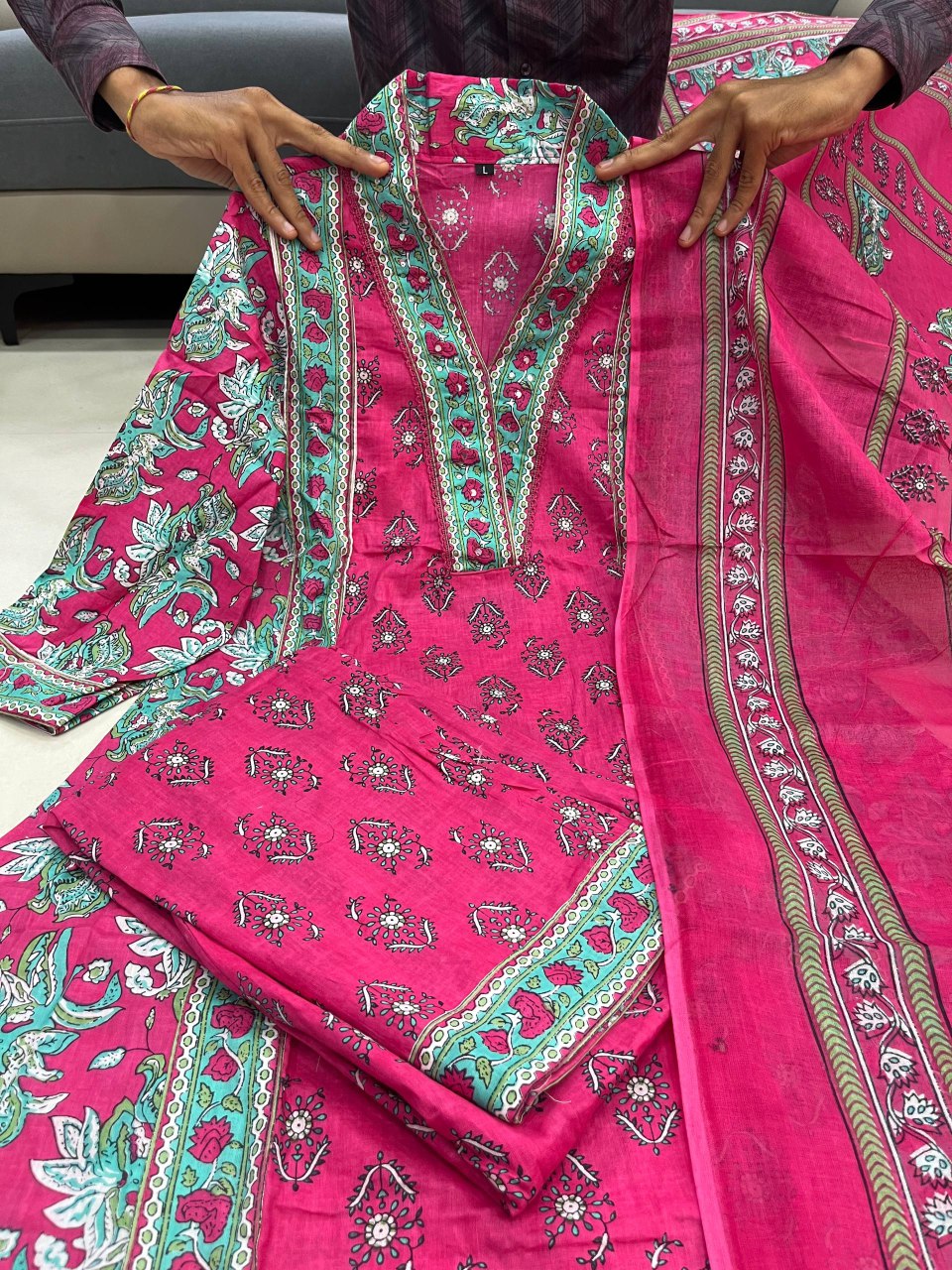 Cotton Printed A-Line Kurti Set with Dupatta & Palazzo Pants