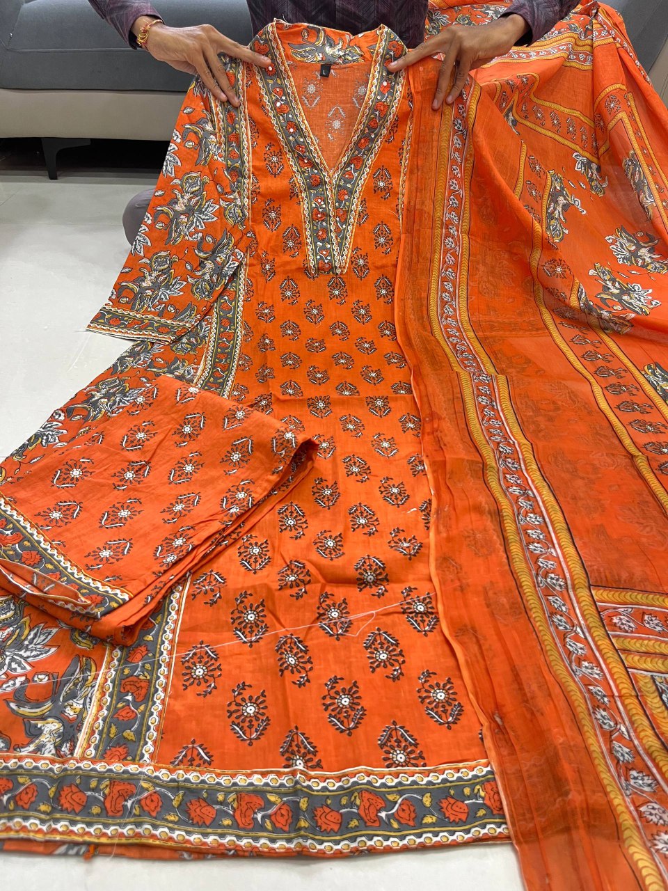 Cotton Printed A-Line Kurti Set with Dupatta & Palazzo Pants
