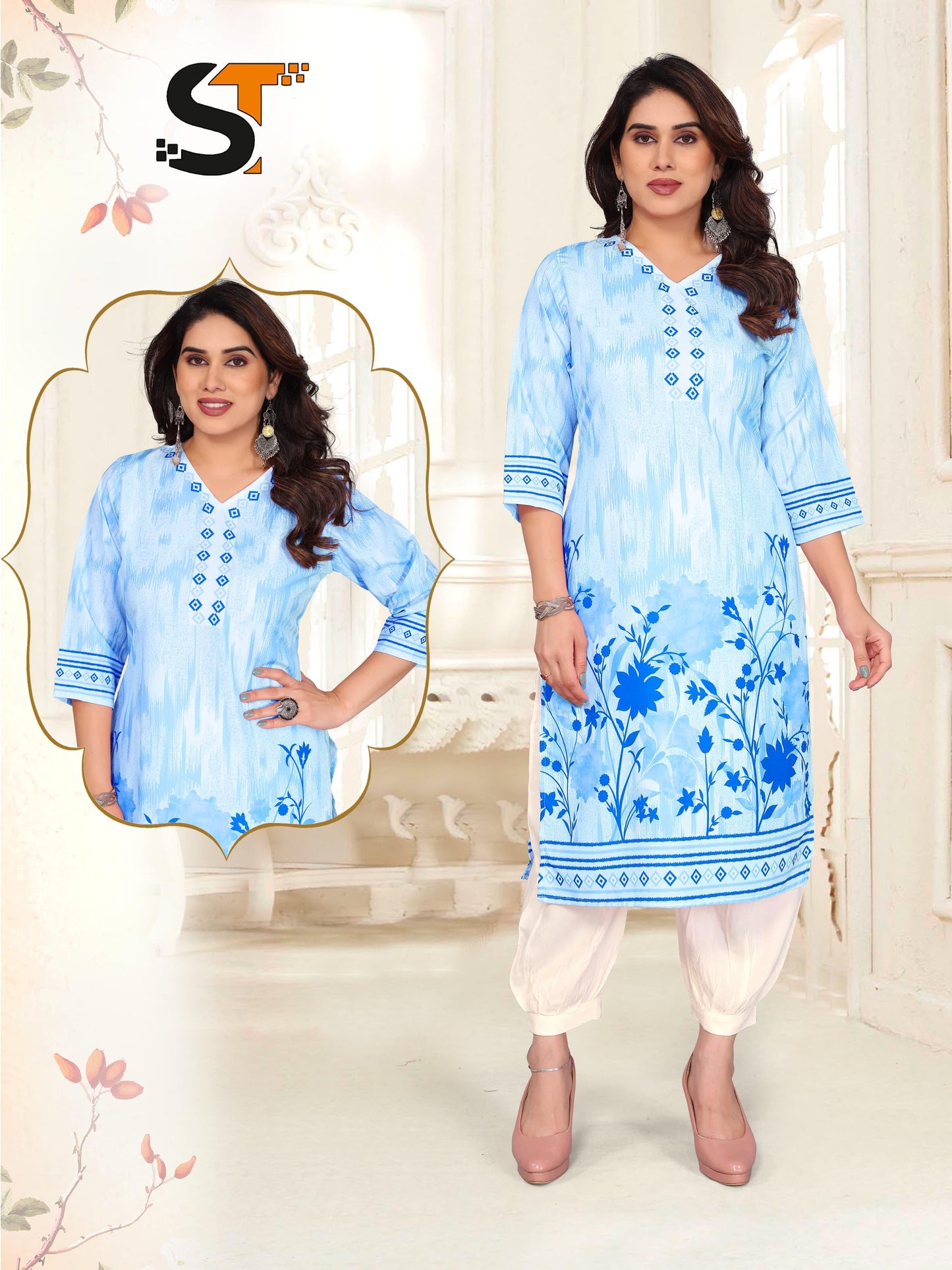 Digital Printed Poly Rayon Kurti with Afghani Pan