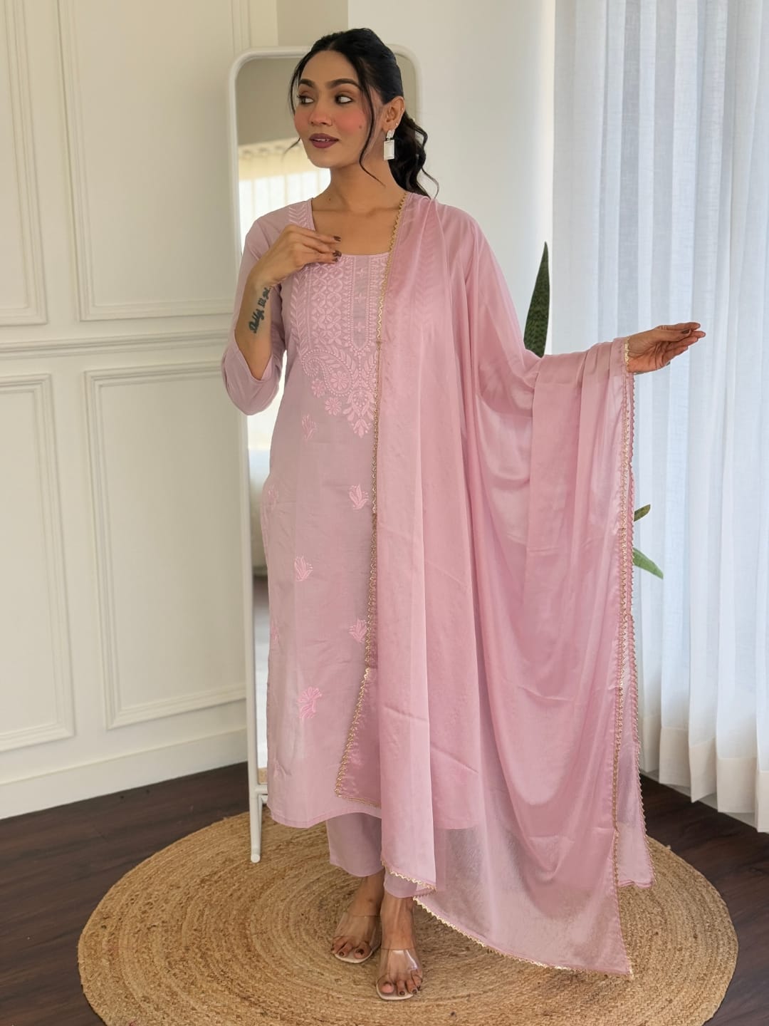 Pure Cotton Embroidered Kurti with Bottom Chinon Dupatta