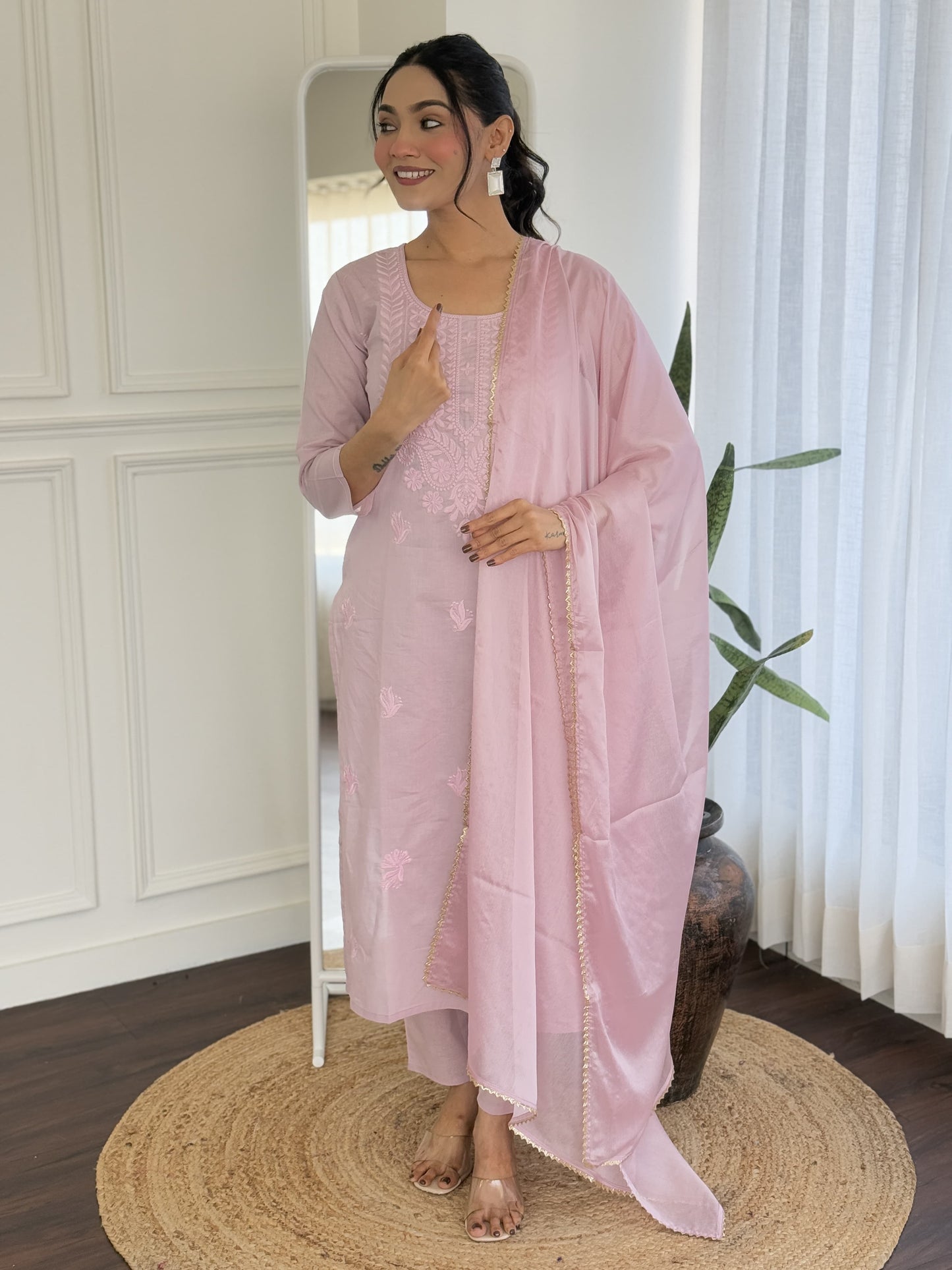 Pure Cotton Embroidered Kurti with Bottom Chinon Dupatta