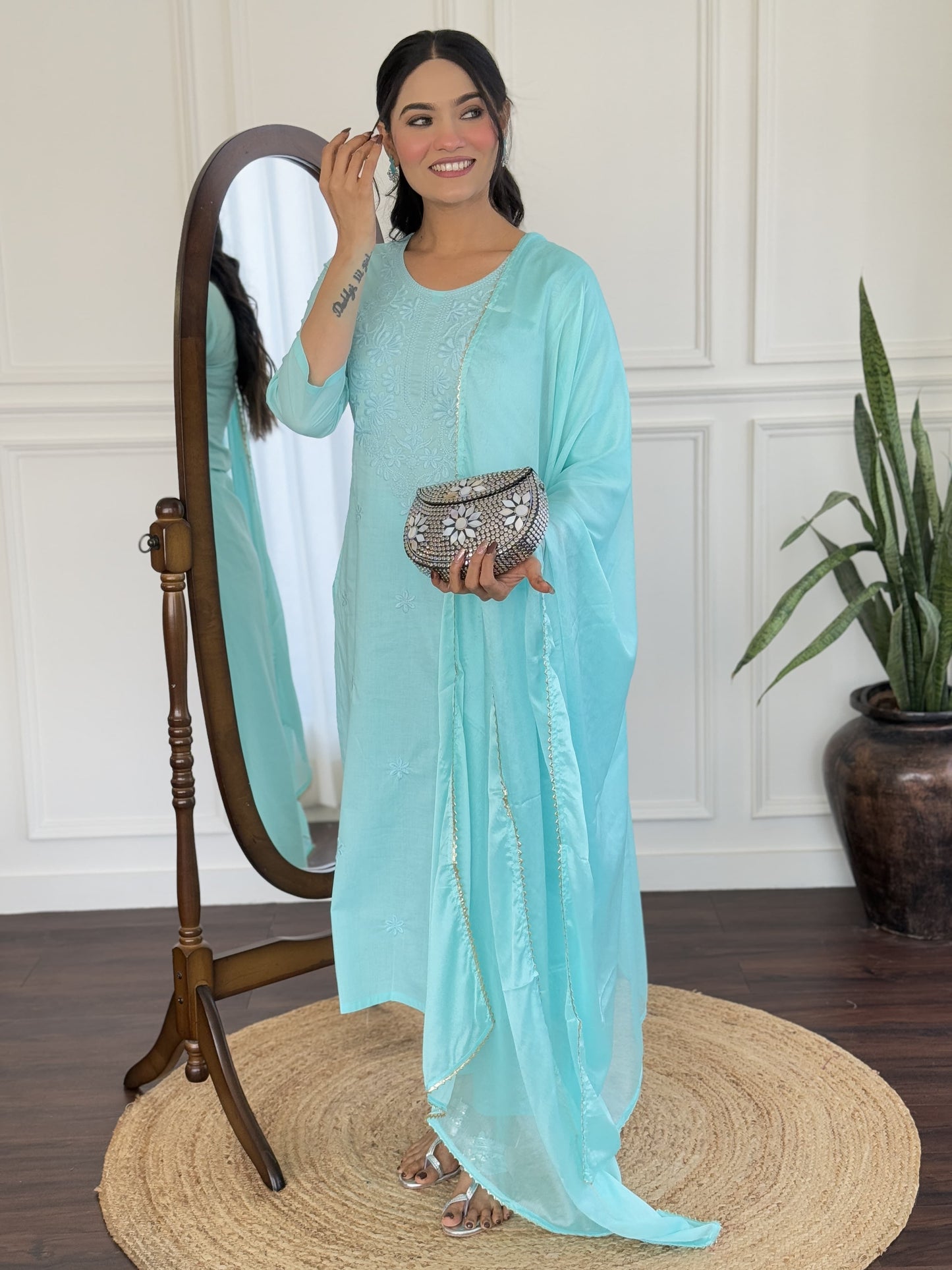 Pure Cotton Embroidered Kurti with Bottom Chinon Dupatta