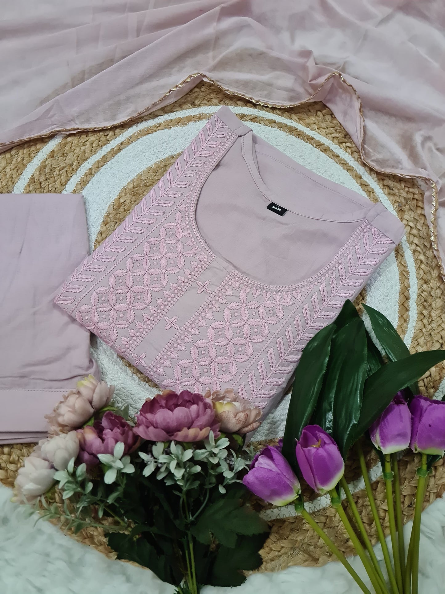 Pure Cotton Embroidered Kurti with Bottom Chinon Dupatta