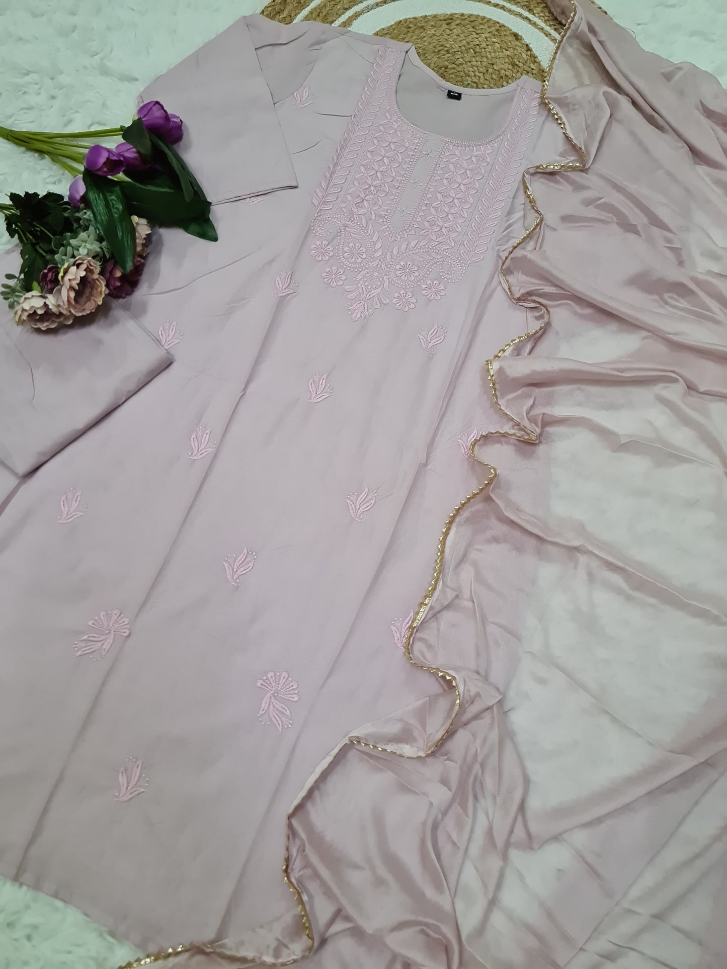 Pure Cotton Embroidered Kurti with Bottom Chinon Dupatta