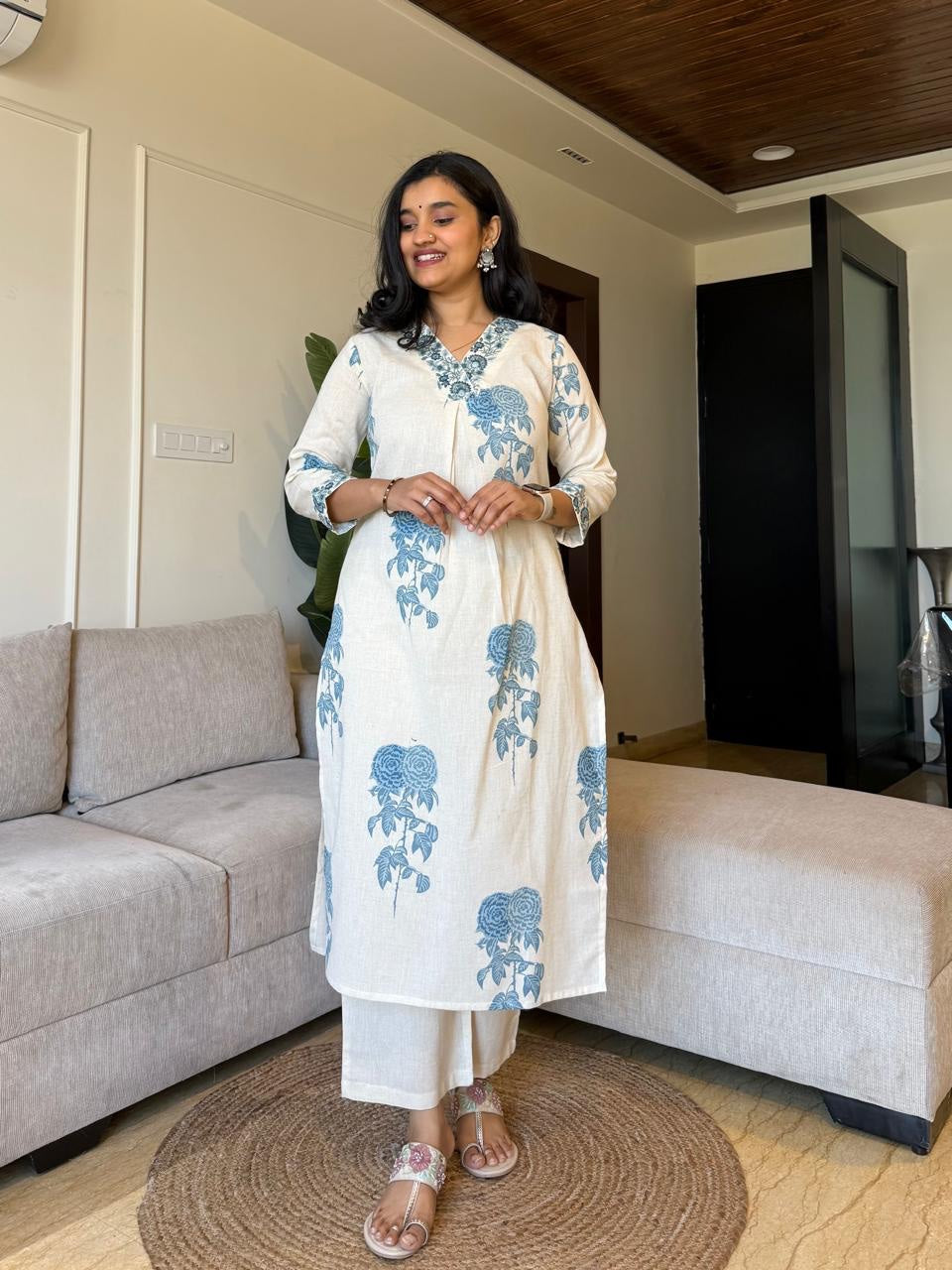Monochrome Cotton Slub Printed Cord Set – Kurti Pant