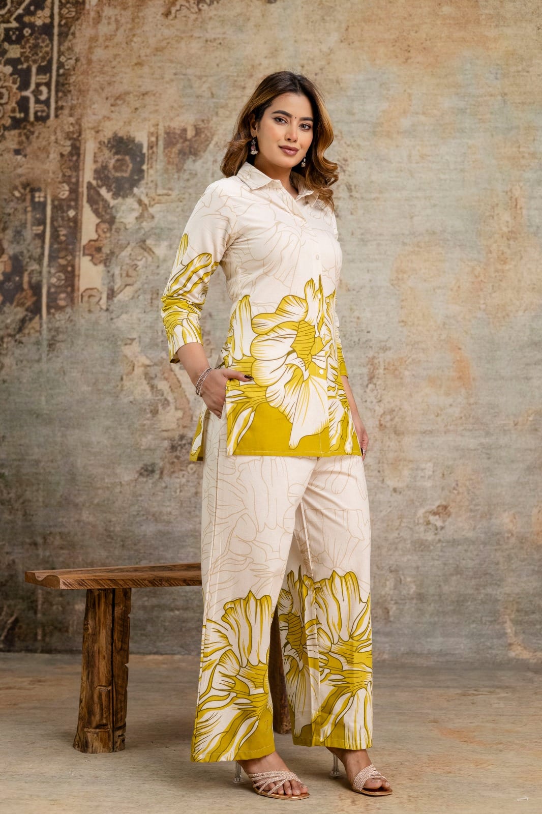 Yellow Classy Cotton Floral Printed Coord Set ๐